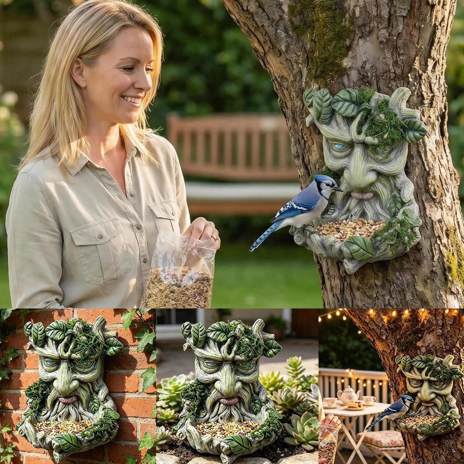 para pájaros con Cara de árbol – Escultura de máscara de guardián del Bosque de Resina 3D de 5,12 Pulgadas, Acento artístico de jardín Resistente a la Intemperie, Unidad de decoración colgant