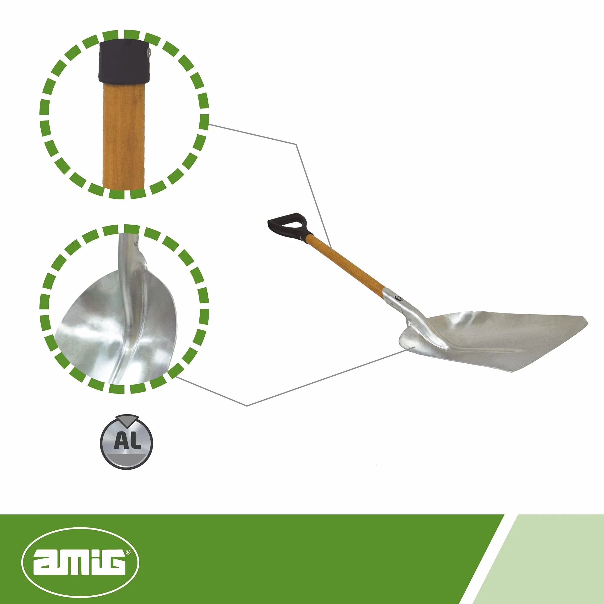 Amig - Pala de Aluminio Cuadrada con Mango de Madera Ergonómico Especial Quitanieve y para Mover y Recoger Hojarasca o Grava - 110 cm, Ligera y Resistente para Uso Doméstico o Profesional, Gris