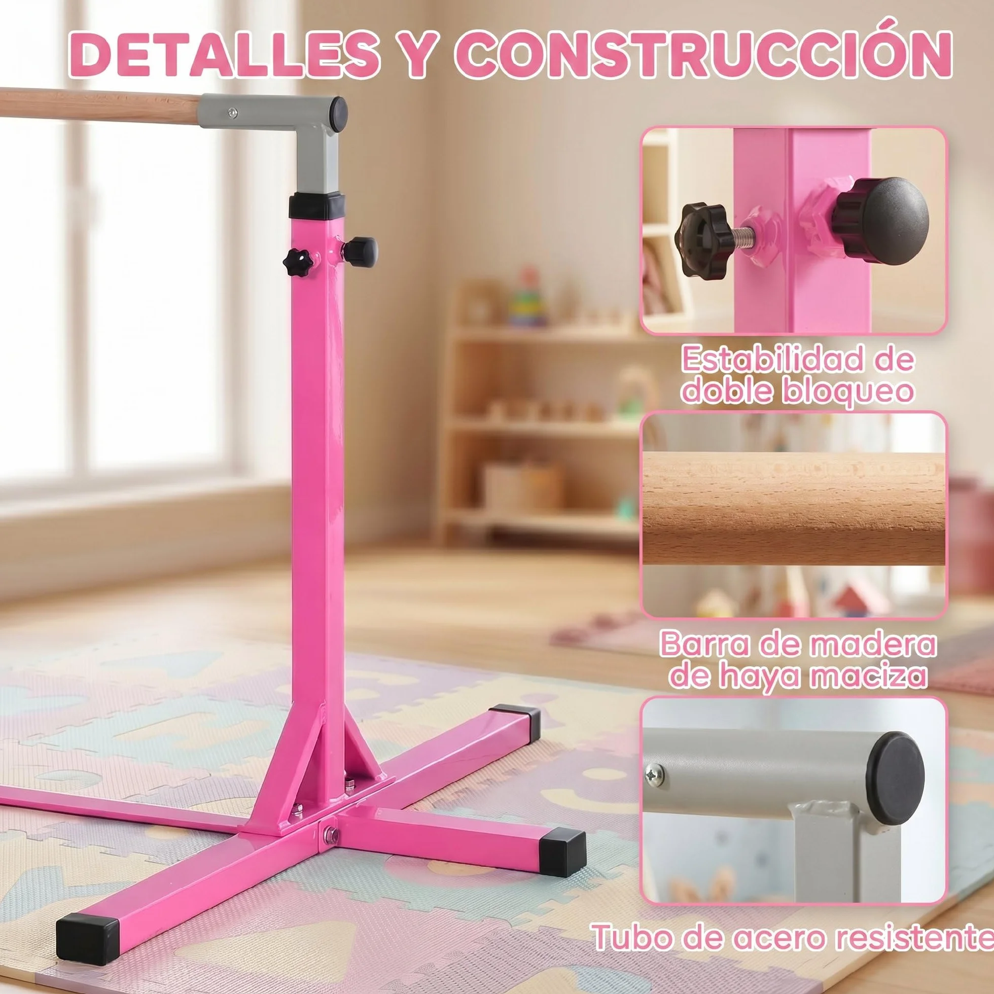 HOMCOM Barra de Gimnasia para Niños Altura Ajustable 92-150 cm Carga 75 kg 194x121x150 cm