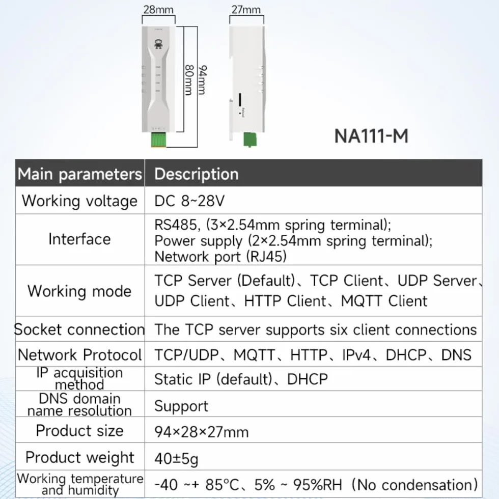 Modbus Gateway RS485 to Ethernet NA111-M IP RTU MQTT HTTP DC 8-28V Industrial Rail
