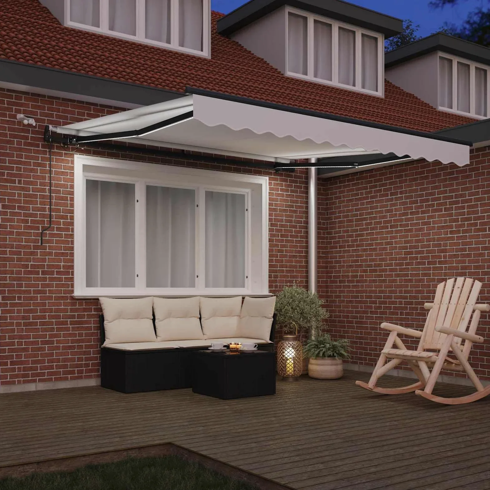 Toldo eléctrico con brazo articulado, 300 x 250 cm, color blanco, toldo motorizado de poliéster, con mando a distancia y sensor de viento, toldo retráctil para balcón, terraza y jardín