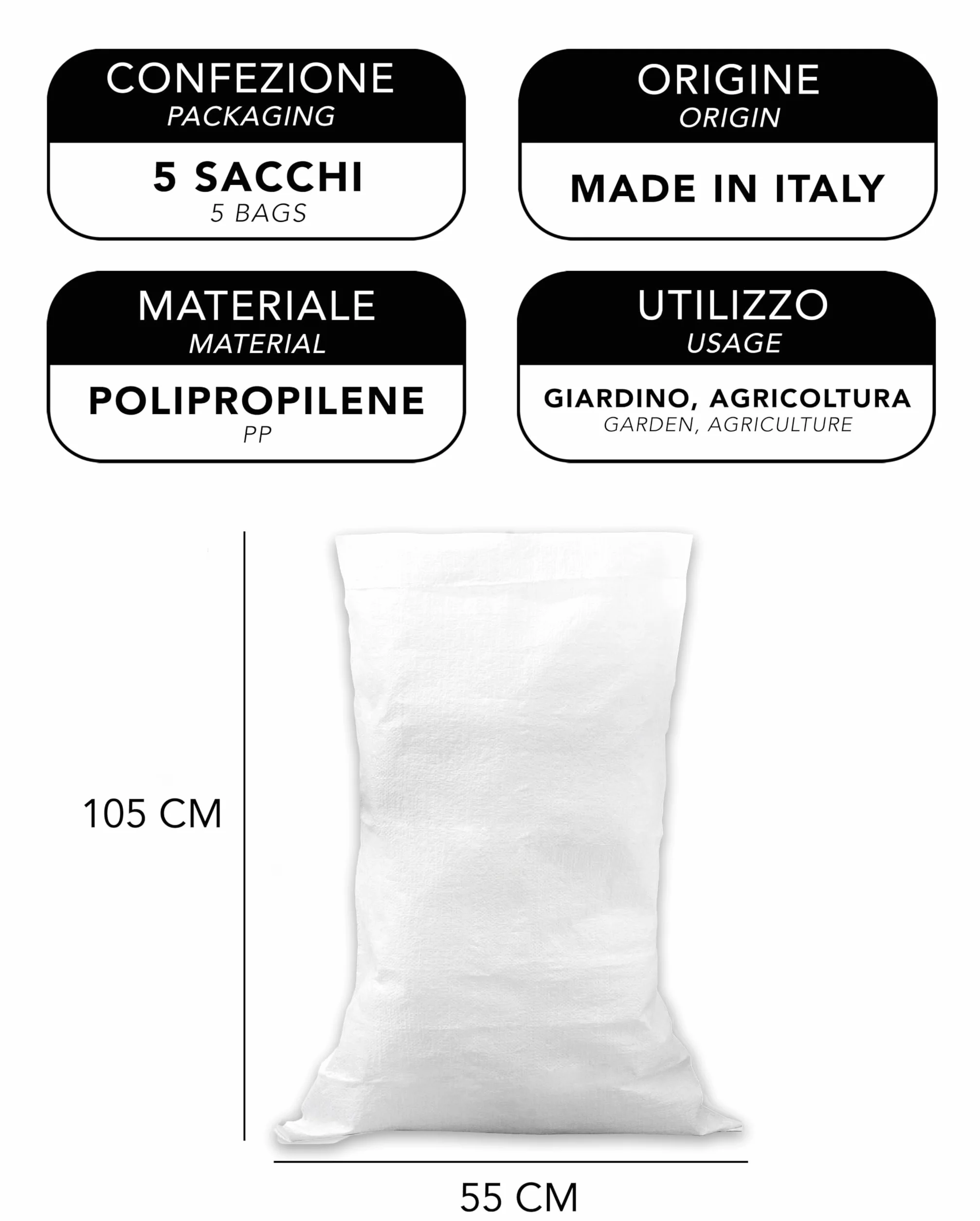 IPEA 5x Bolsas Grandes de Polipropileno 105 x 55 cm - Bolsa Multiusos para Embalaje, Jardín, Verduras, Arena, Escombros, Bricolaje - Contenedor de Objetos - Blanco - 5 Piezas