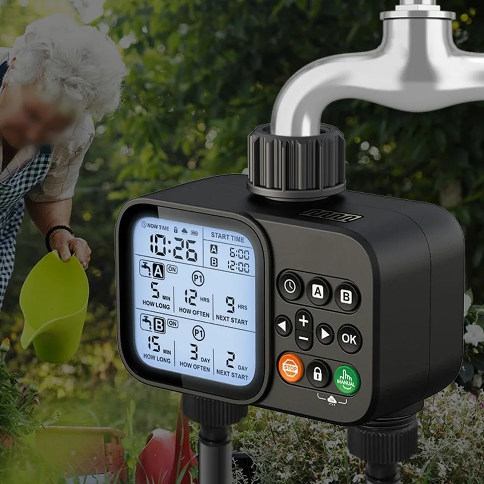 Temporizador de riego inteligente de doble salida controlador de riego automático y manual con modo de 8 horas para el cuidado de plantas de jardín