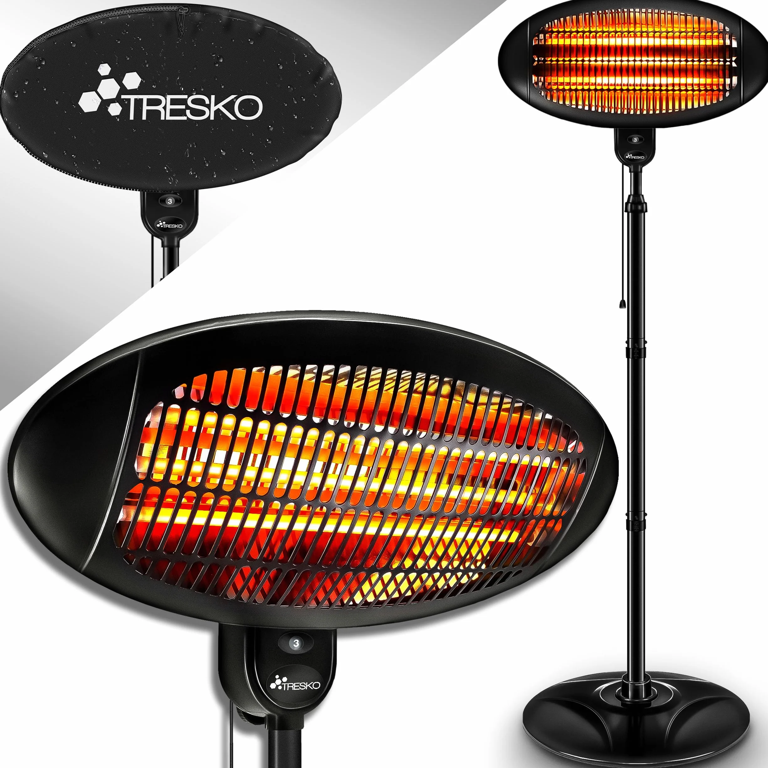 TRESKO Calefactor por Infrarrojos 2000W | Estufa Radiante con 3 Temperaturas | Radiador Eléctrico para Exterior e Interior | Calentador con Pantalla LED