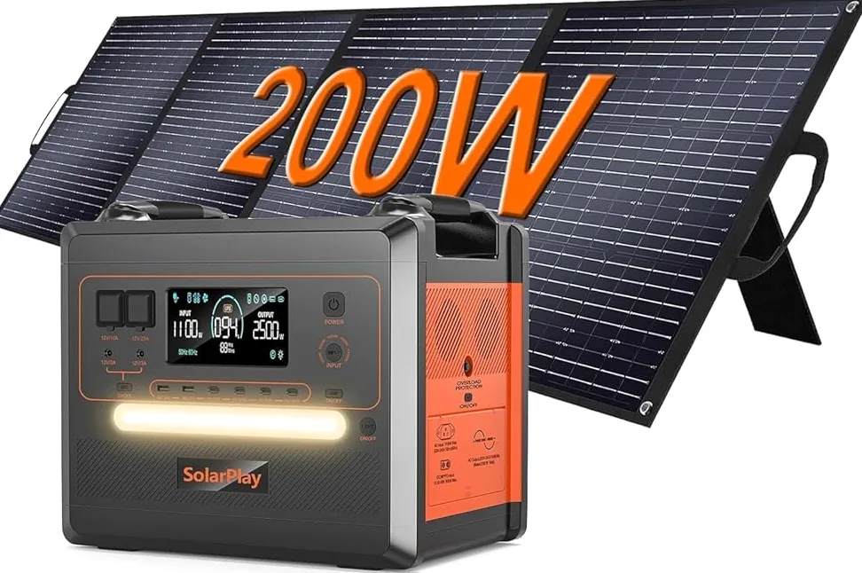 SolarPlay Q2402M Estacion de Energia Portatil,2304Wh LiFePO4,Salidas de AC de 2500W(Pico de 5000W) Generador Solar Portátil acampar al aire libre,para Viajes,Corte de Energía,Panel 200W.