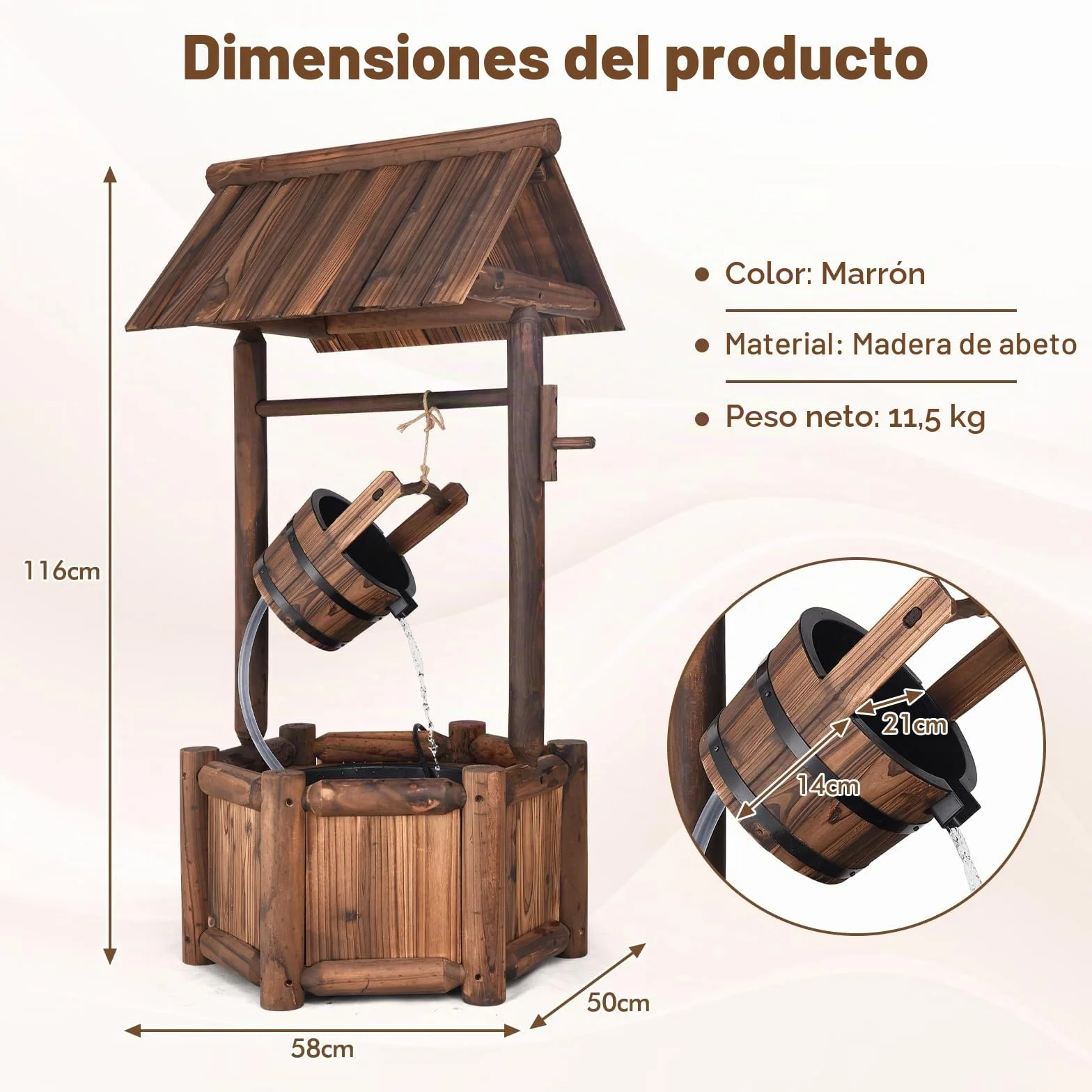 RELAX4LIFE Fuente de Jardín de Madera con Bomba Eléctrica 300L/H, Pozo Decorativa con Control del Caudal de Agua para Jardín, Balcón, Patio, 58,5×56×117cm, Marrón