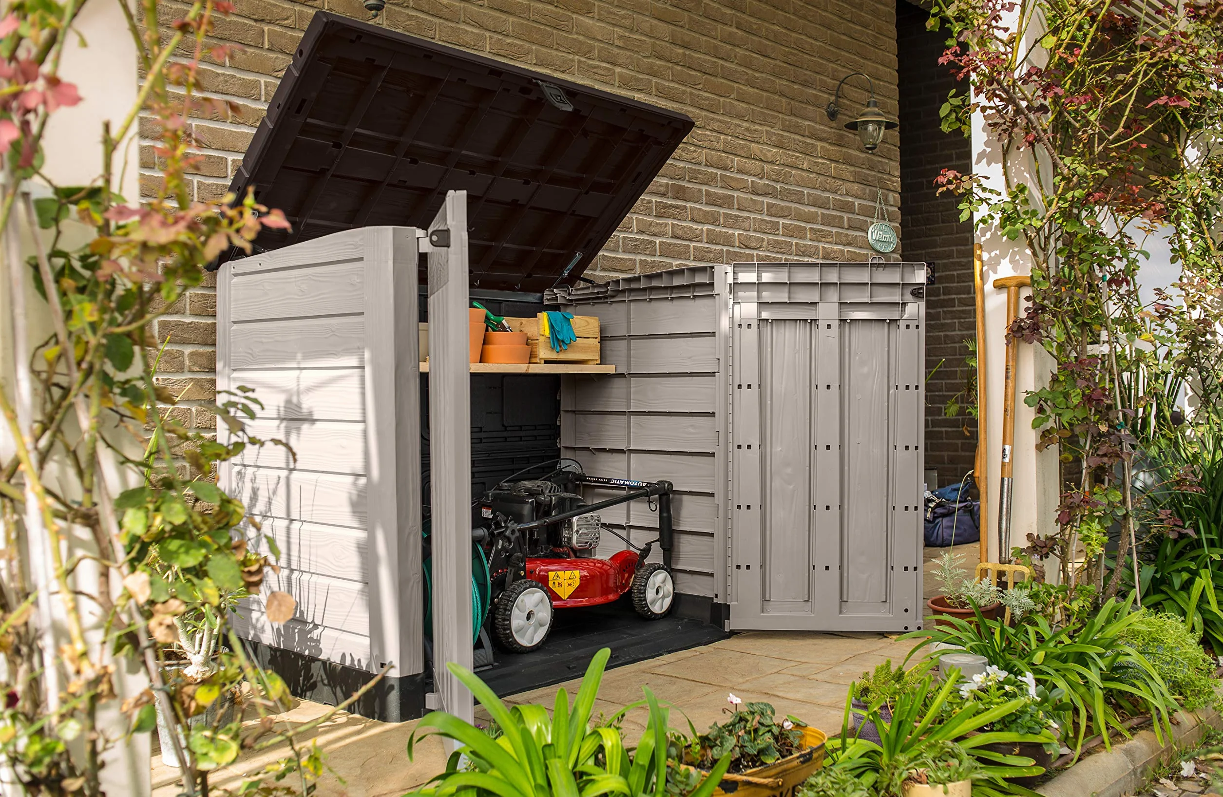 Keter Sio Pro -Cobertizo de jardín Exterior, Capacidad 1200L, Color Beige/Marrón, 145,5 x 82 x 123 cm