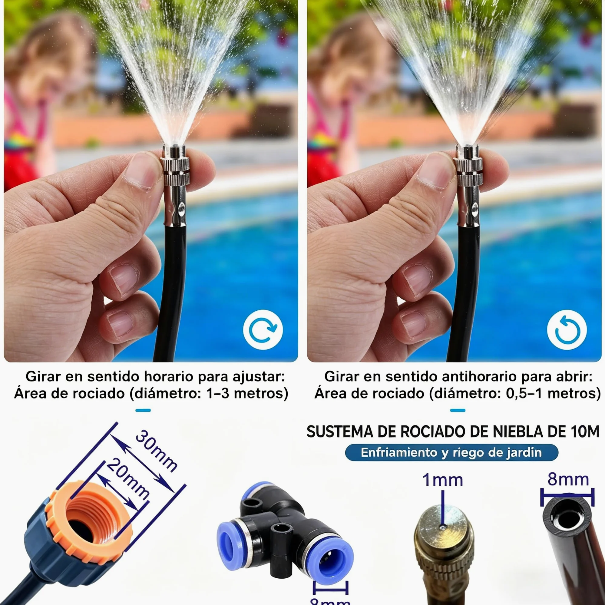 Kit Nebulizador Terraza, Nebulizador Jardin con 8mm Boquilla Ajustable +10M Línea +3/4" Adaptador, Sistema de Enfriamiento por Nebulización para Eventos al Aire Libre, Sombrillas y Techos