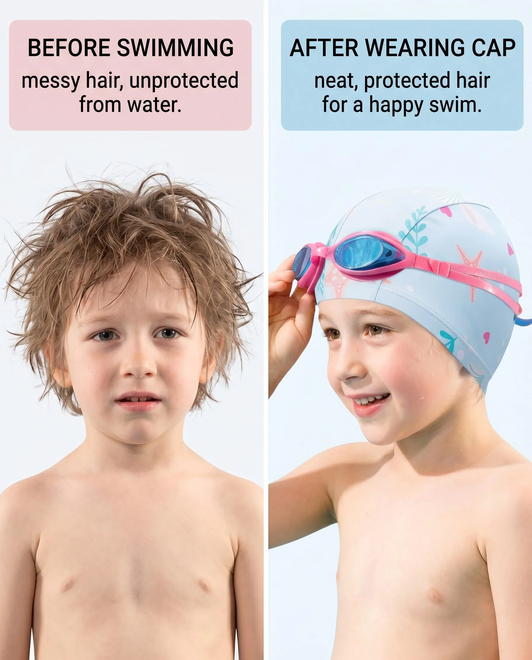 Gorros de Natación para Niños 2 Piezas, Poliéster, Suaves, Elásticos, Rosa y Azul, 1-6 Años