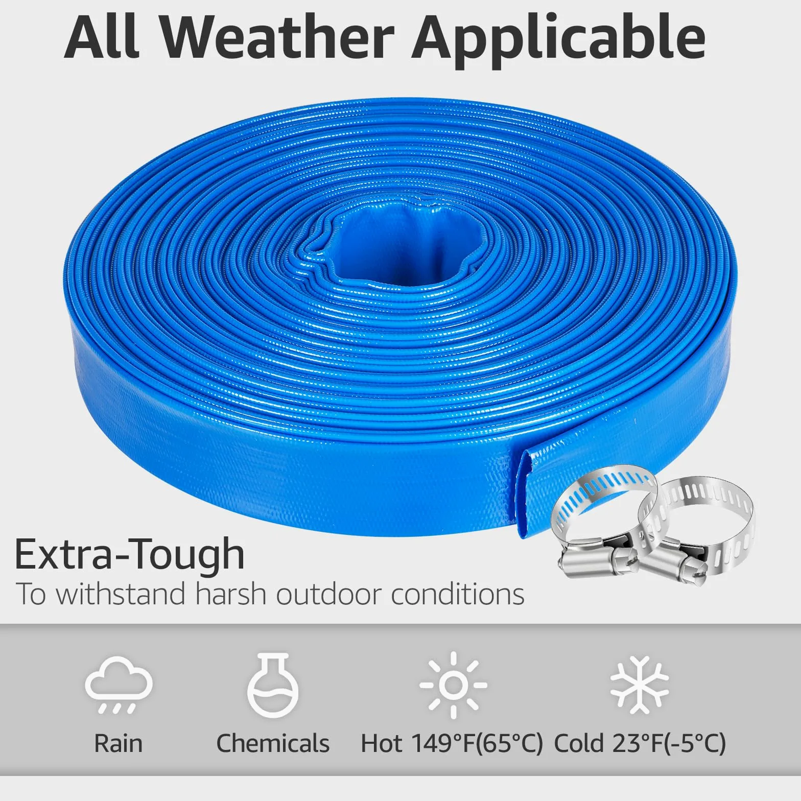 Manguera de retrolavado de piscina de 1.5 pulgadas x 100 pies, manguera de descarga de PVC resistente, manguera de descarga plana con 2 abrazaderas, mangueras de drenaje de piscina para piscinas
