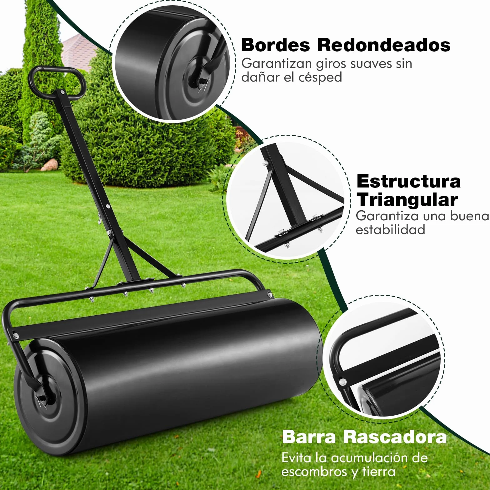 COSTWAY 113L Rodillo de Césped Metálico, Rodillo de Césped para Empujar o Tirar Llenado de Agua o Arena con Mango Desmontable para Jardín, Patio, Parque, Granja (Negro, 146x99x40cm)