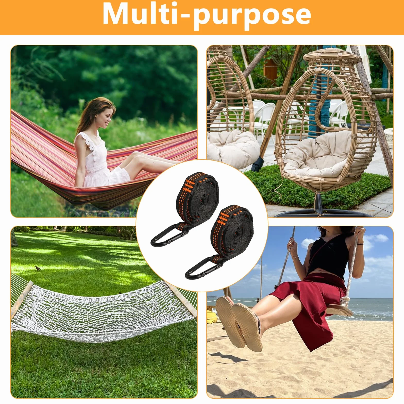 2 Piezas de árbol para Hamaca, Correas de suspensión para Columpio de 2,5 m, Kit de Correas de suspensión para Hamaca de Exterior para Silla Colgante de Camping + 3 mosquetones, máx. 200 kg