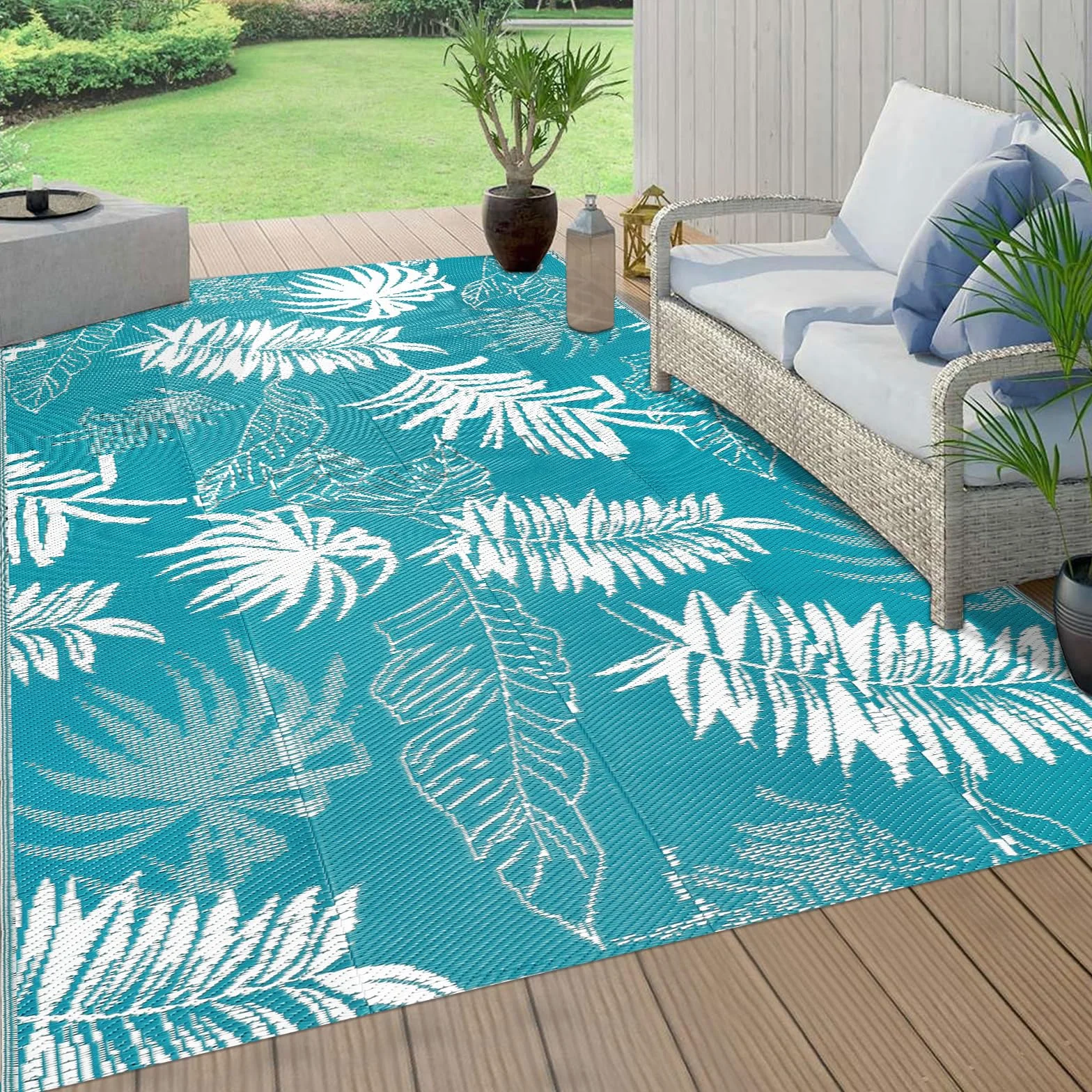 Falflor Alfombra reversible para exteriores, 150 x 245 cm, impermeable, grande, de plástico, ligera, para interiores y exteriores, alfombra de paja de plástico para camping, terraza, caravana, patio