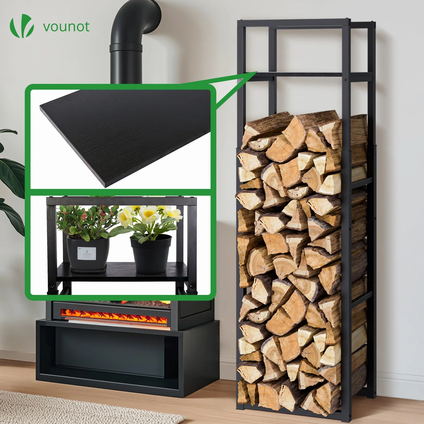 VOUNOT® Soporte de Madera Vertical de Metal Ajustable de 3 Niveles, 45 x 32 x 120-170 cm, Leñero con Estantería Integrada, Estante de Registro de Chimenea para Interior y Exterior, Negro