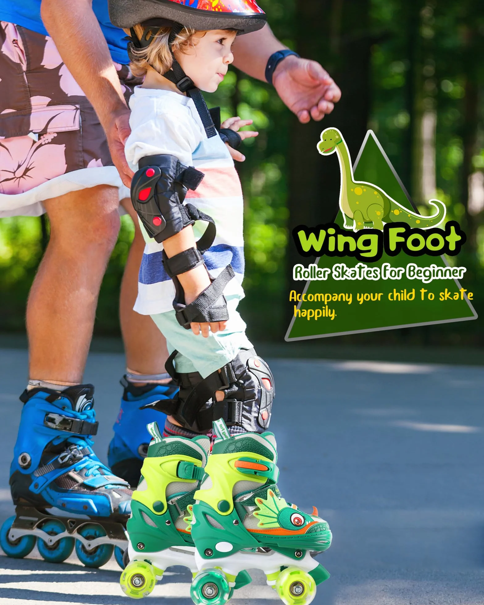 Patines para Niños Ajustables 4 Ruedas con Ruedas Luminosas Dinosaurio Quad Principiantes
