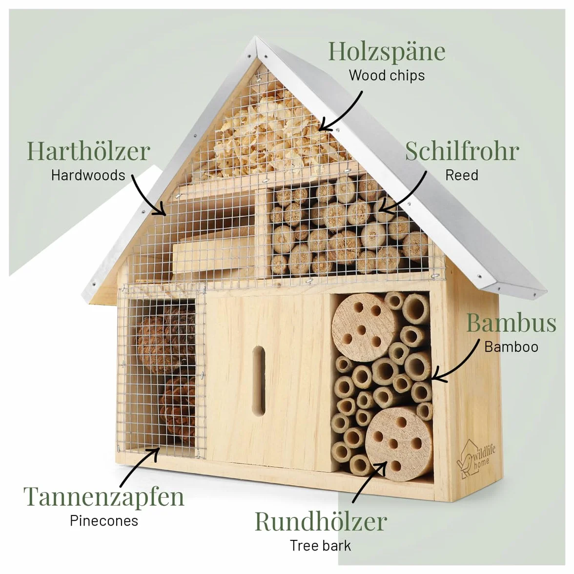 WILDLIFE HOME Hotel de insectos – Natural & resistente a la intemperie, casa de insectos de madera natural para abejas, abejas silvestres, mariquitas y mariposas, hotel de abejas y ayuda para anidar