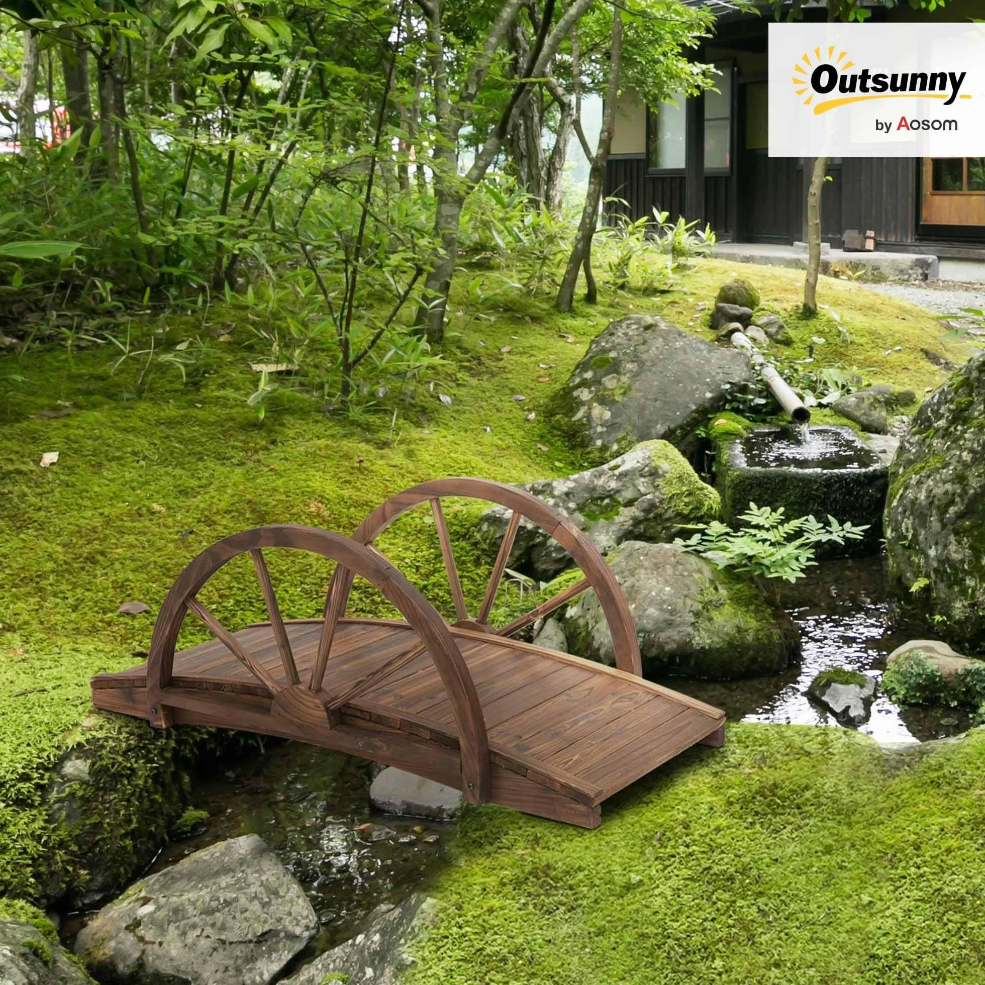 Outsunny Puente de Jardín Puente de Madera con Barandillas en Forma de Rueda Puente para Estanque Carga 150 kg Puente Decorativo para Patio 100x50x37 cm Madera Carbonizada
