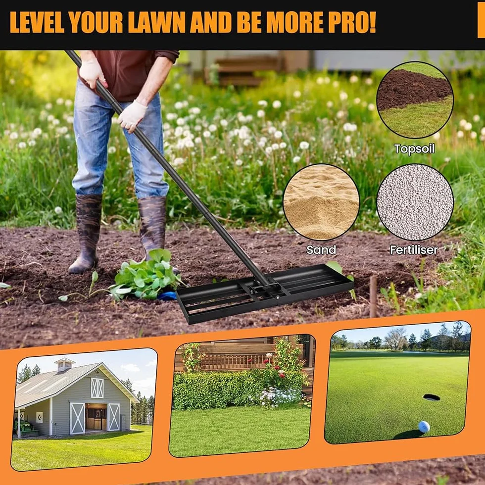 Rastrillo de nivelación de césped de 76 x 25 cm con tallo, rastrillo para nivelación de césped, placa plegable para césped, arena/tierra para campo de golf de jardín.