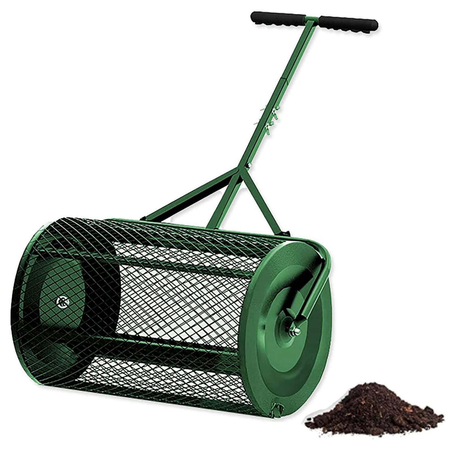 Esparcidor de abono para césped y jardín, mango ajustable, cesta de malla de metal duradera, perfecta para esparcir turba, fertilizantes y semillas