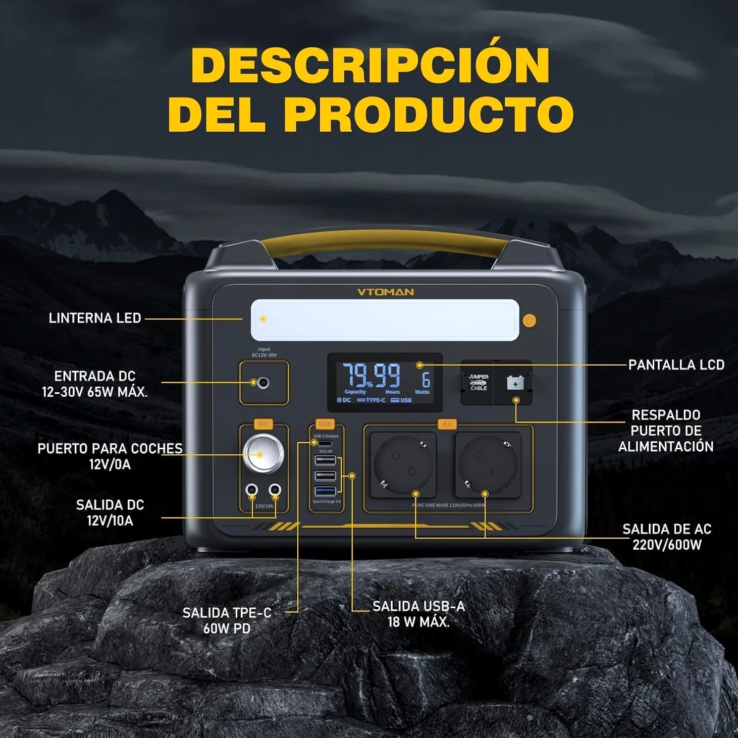 VTOMAN Jump 600X 299Wh Generador Solar, 600W Salida de CA para Apagones | LiFePO4 Batería, Arranque de Coche, Potencia Pico 1200W, LED Linterna, Capacidad Ampliable a 939Wh, Acampadas, Jardín y RV