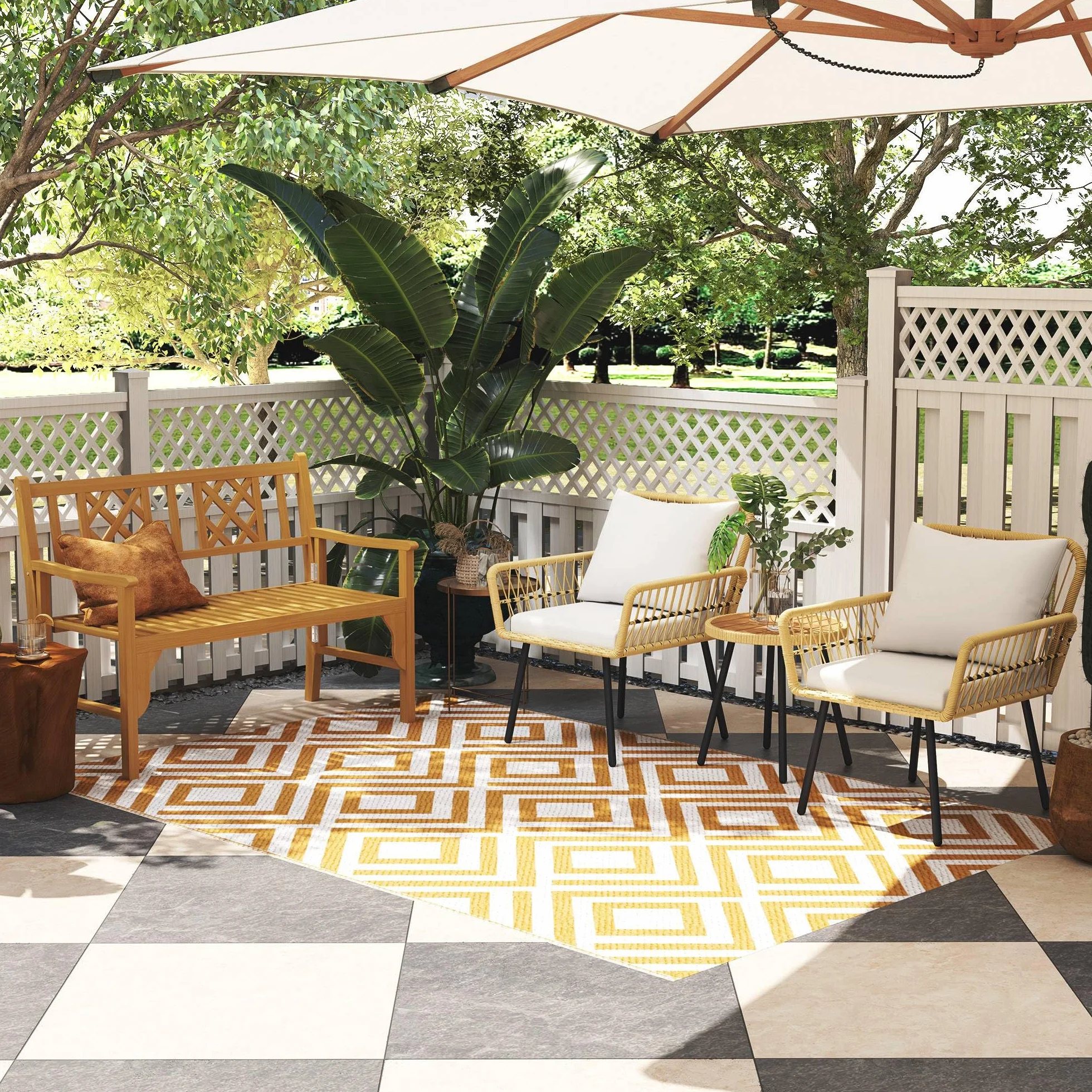 Outsunny Conjunto de Muebles de Jardín Juego de 3 Piezas Sillas y Mesa de Ratán con 2 Sillas 1 Mesa de Centro Redonda y Cojines para Terraza Césped Balcón Natural