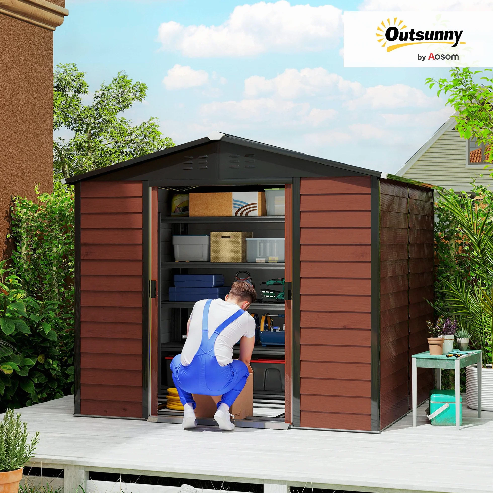 Outsunny Caseta de Jardín Exterior 4,4 m², 240x206x198 cm, Cobertizo de Jardín Exterior Metálico con Base Refuerzo (Suelo NO Incluido), Puerta Corredera con Cerradura y 4 Ventanas para Patio, Teca