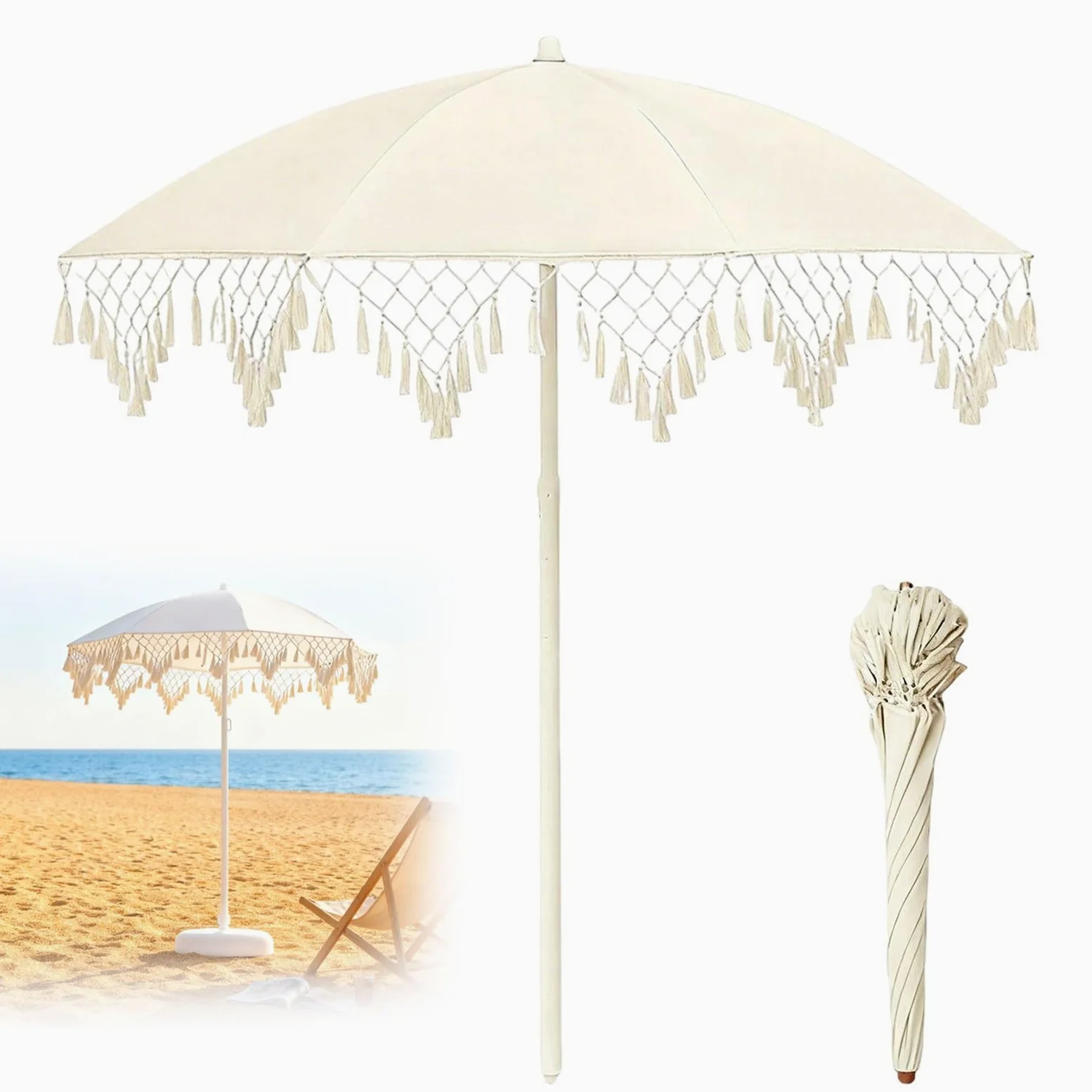 2.0m Sombrilla de Patio con Flecos | Sombrilla de Playa a Prueba de Rayos UV para Exteriores | Sombrilla de Flecos para Jardín Terraza Piscina y Terraza | Anti Viento