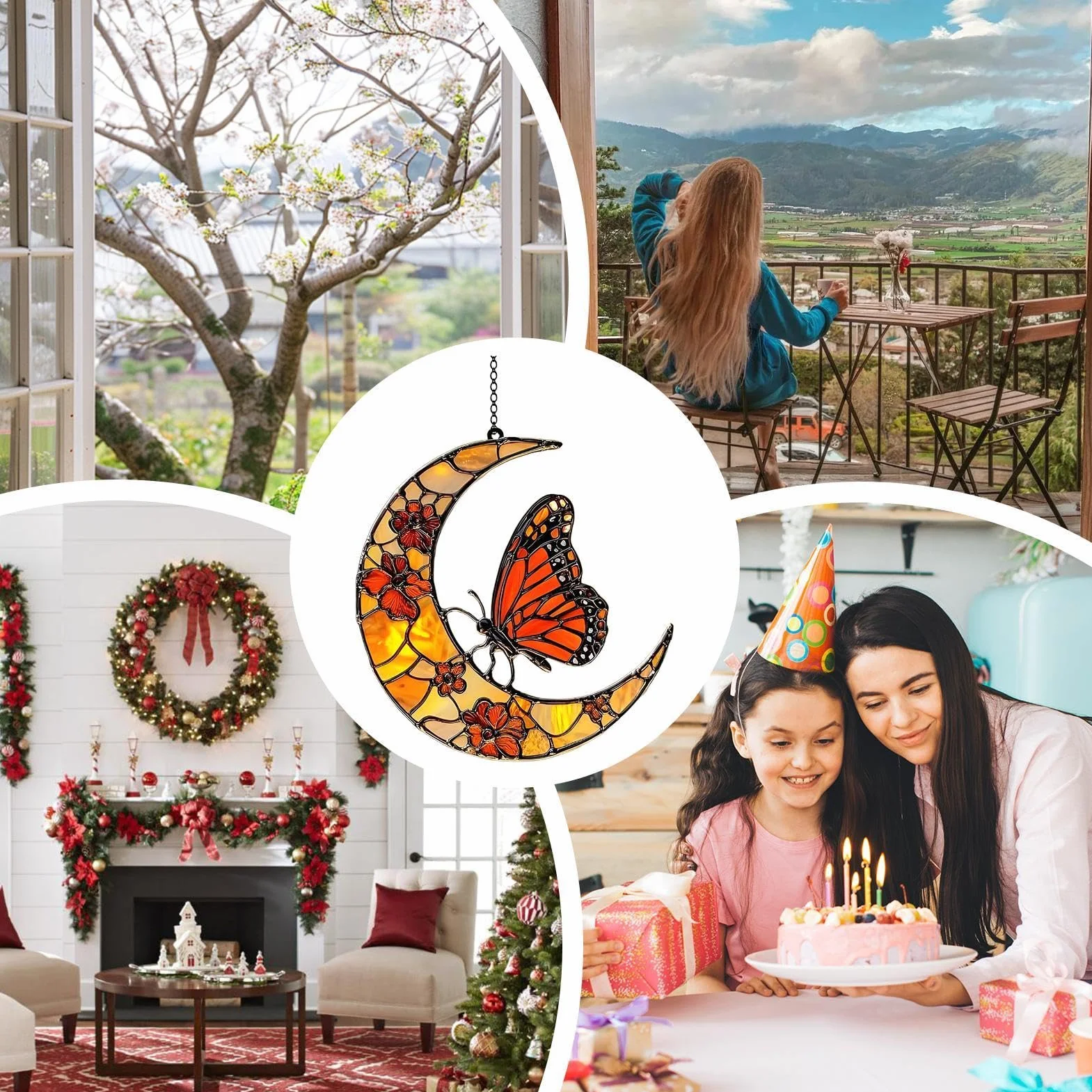 Cattador De Luna Solar, Mariposa Y Luna Solar Catcher Window Butterfly Catcher Catcher Butterfly Sun Catcher, Monarch Butterfly Y Flower Moon Ornament Para Ventana - Ornamento De Arte Acrílico Para De