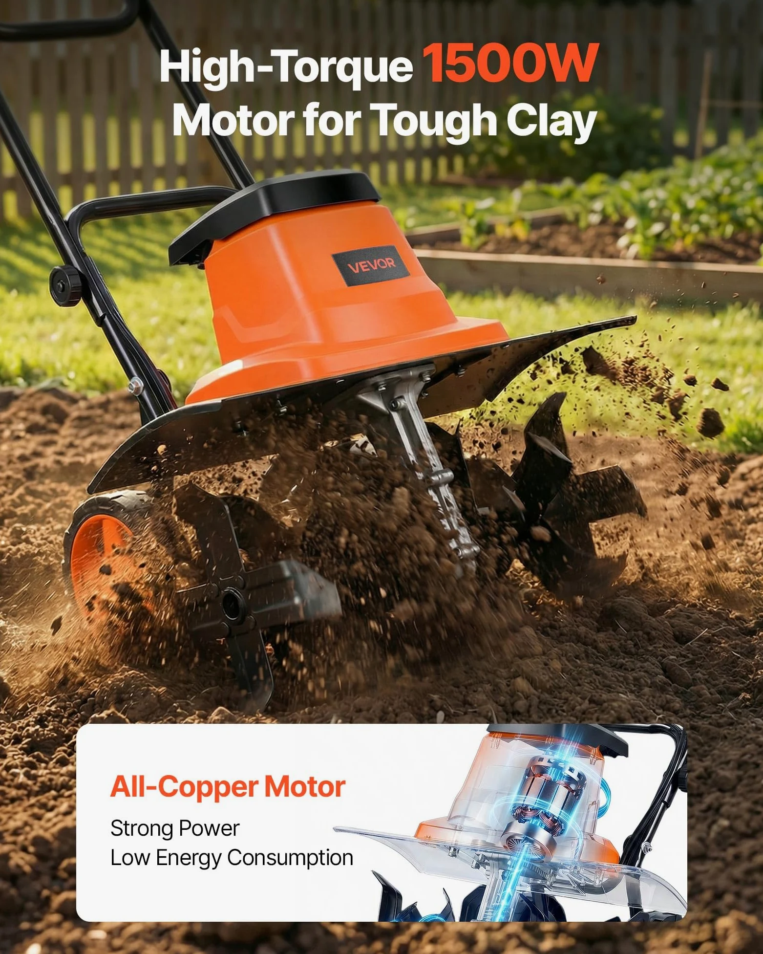 VEVOR Motoazada Eléctrica con Ruedas 1500 W, Ancho de Trabajo de 45 cm, 4 Profundidades Ajustables de Cultivar, Mango Plegable, Interruptor de Seguridad, Cobre, Motocultor para Jardín Huerto Césped