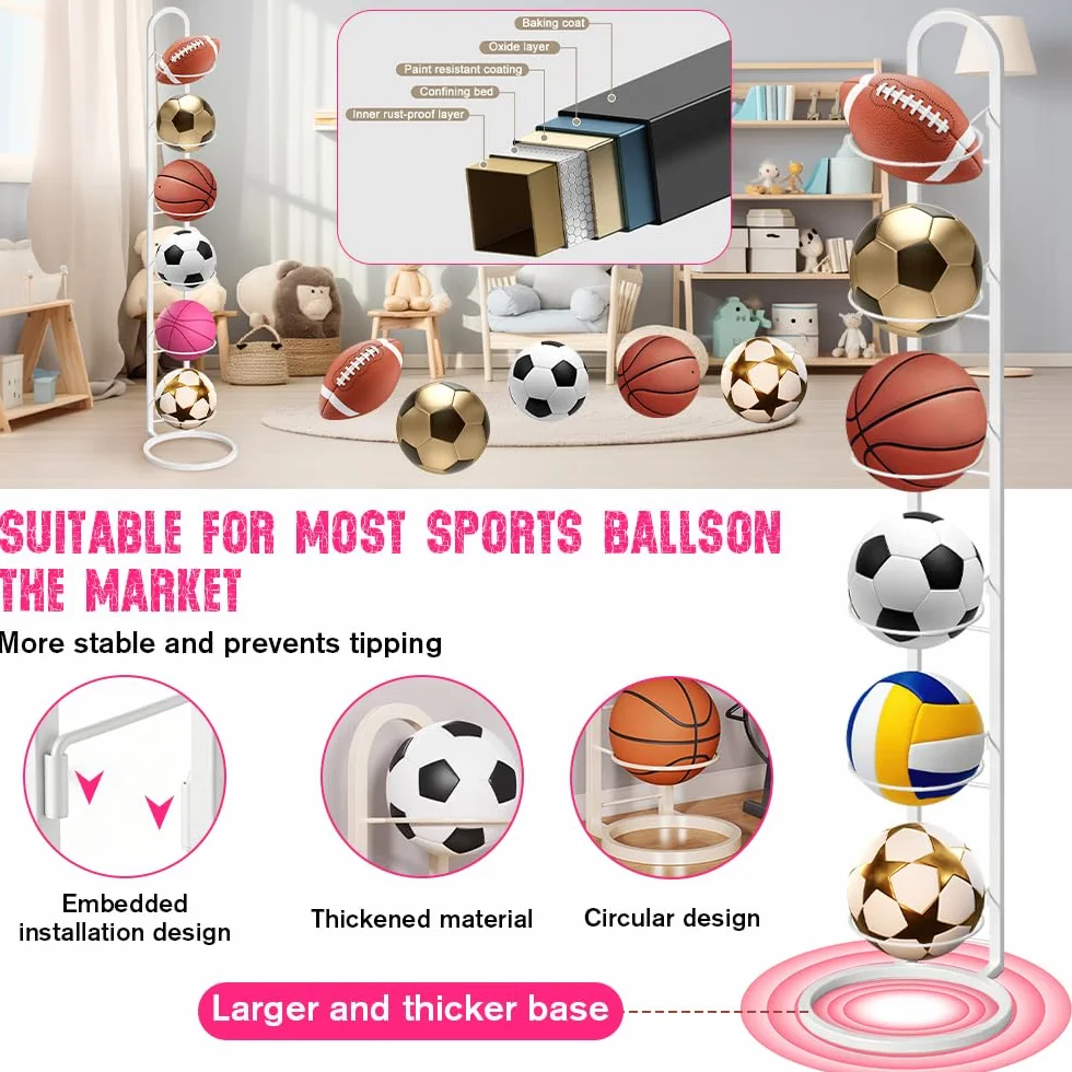 Soporte de Pelota de Metal para Baloncesto Fútbol Rugby Voleibol, Estante de Almacenamiento Vertical Extraíble, 6 Niveles Blanco