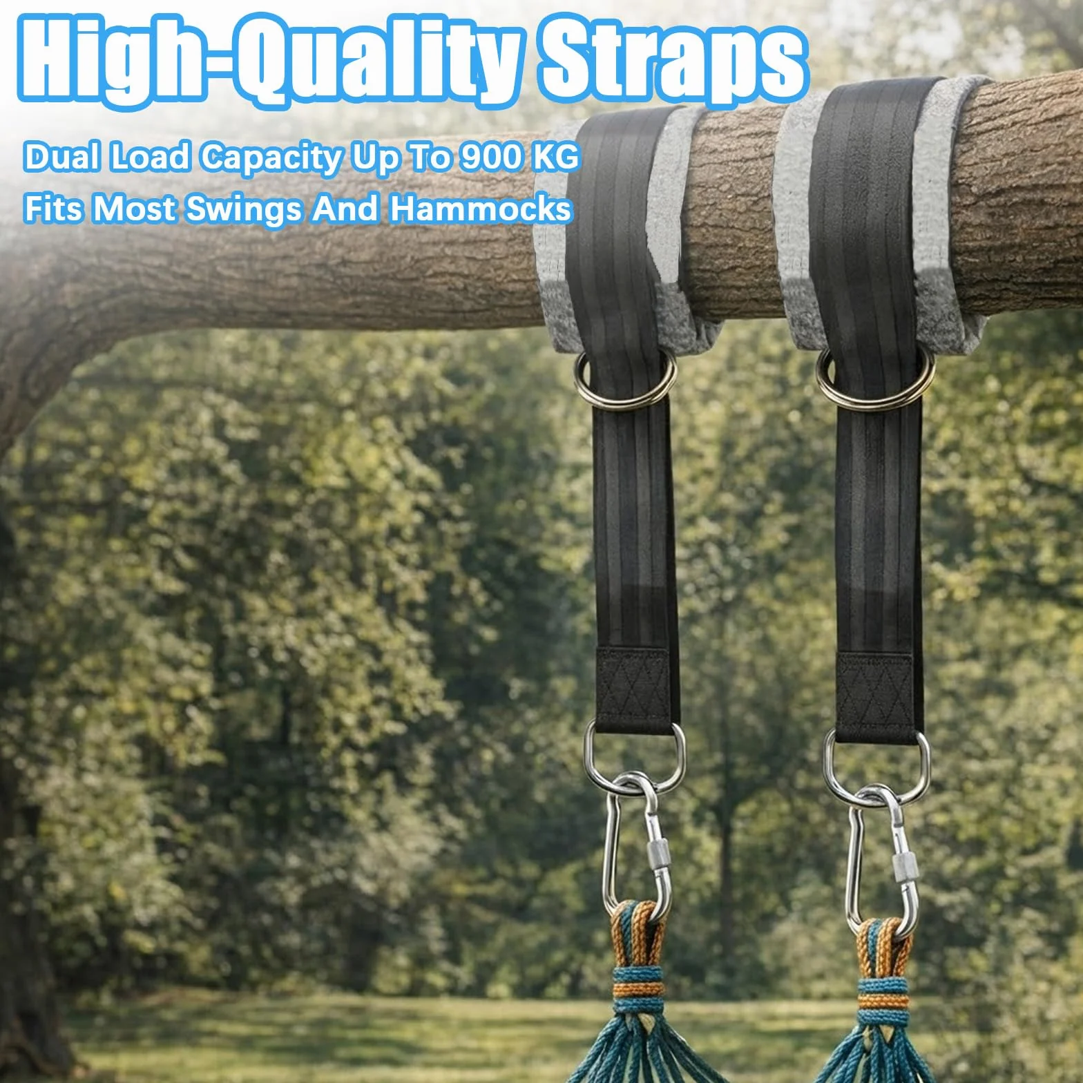 900 kg Correas Hamaca Kit Columpio, Fijación Suspensión 2 x 150 cm con Mosquetones, Anillos en D, Protectores de Árbol y Bolsa para Jardín, Camping, Uso Exterior