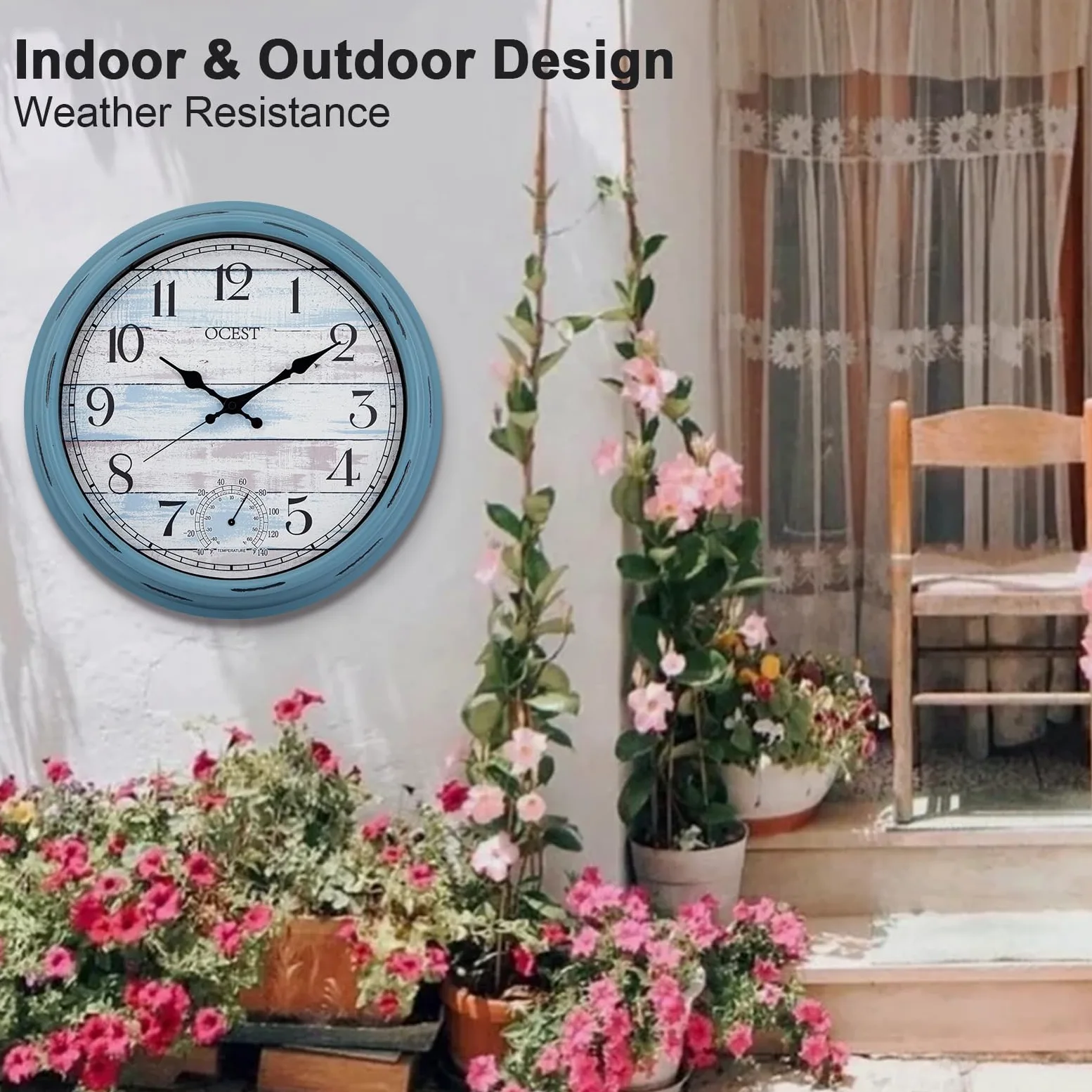 OCEST Reloj de pared impermeable 40,6 cm con termómetro para interiores y exteriores