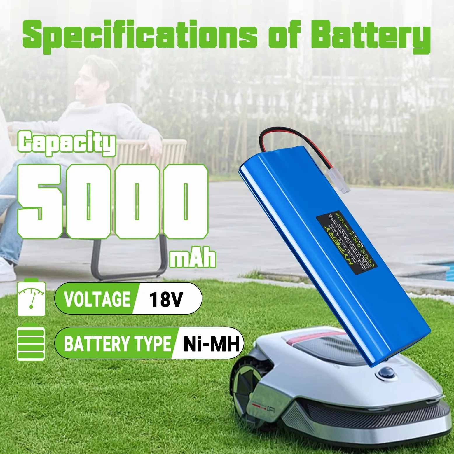 2 paquetes de 5000 mAh NI-MH batería de repuesto para cortacésped Husqvarna Automower 210C, 220AC, 230ACX, 260ACX, 265ACX, Solar Hybrid, G2 2004-2006, AU-18C, AU-18V, 535120901, 535120901, 535120901