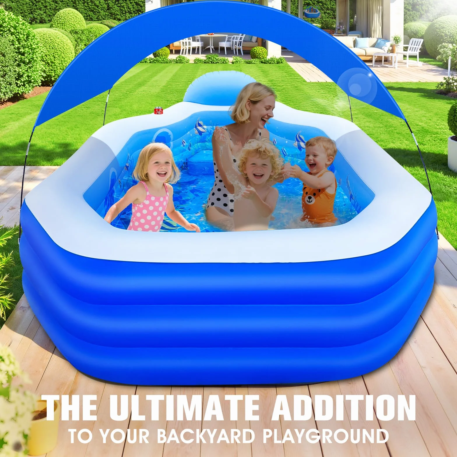 ChlorBlu Piscina Hinchable Grande con Toldo, 300x190x55cm Piscina Hinchable Adultos, Piscinas Hinchable Rectangular Resistentes y Gruesas, Piscinas Hinchable Familiar para Jardín Exterior
