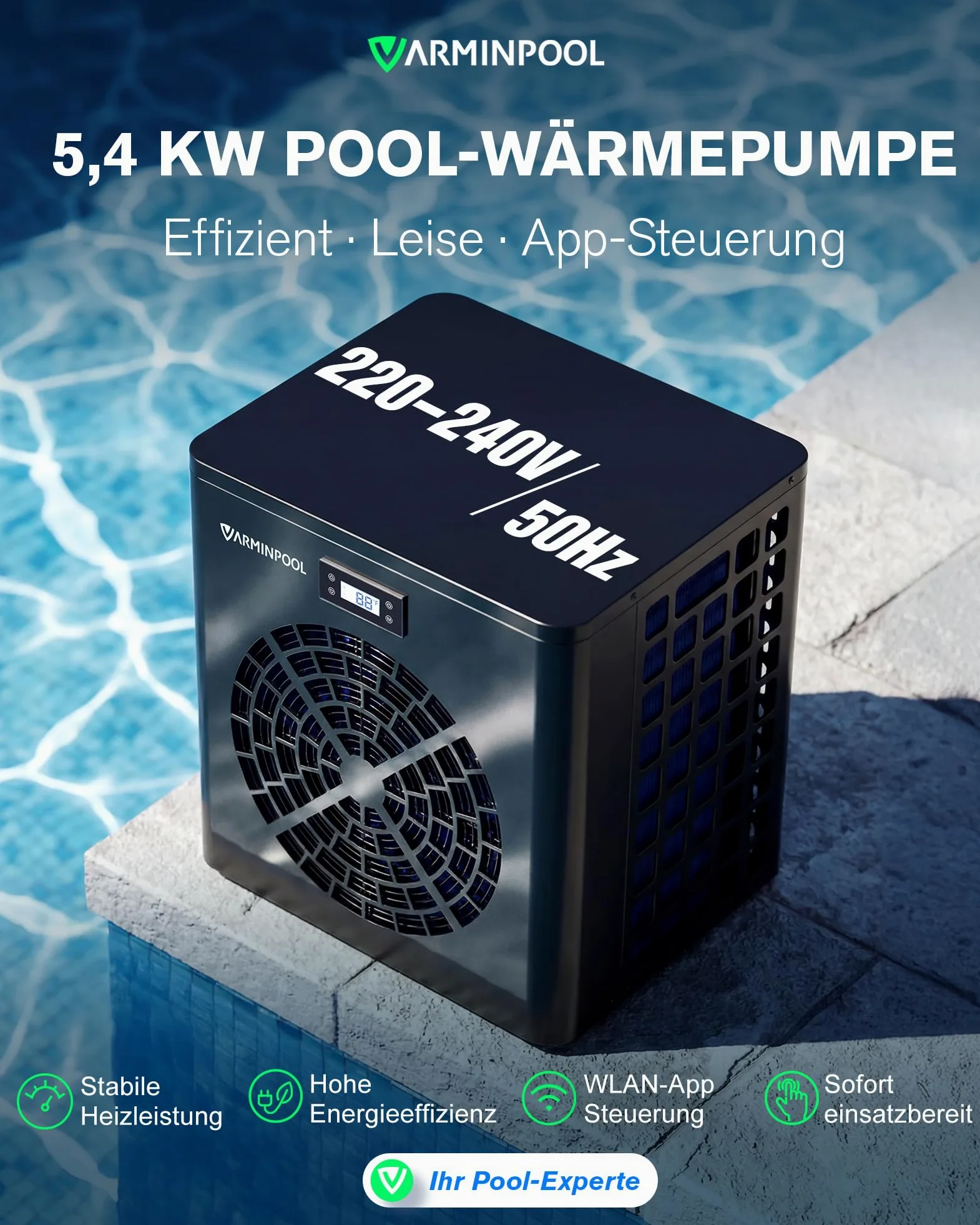 Bomba de calor para piscina de 5,4 kW, calefacción de piscina de bajo consumo para piscinas pequeñas de hasta 20 m³, COP 5,5, silencioso, intercambiador de calor de titanio, control por