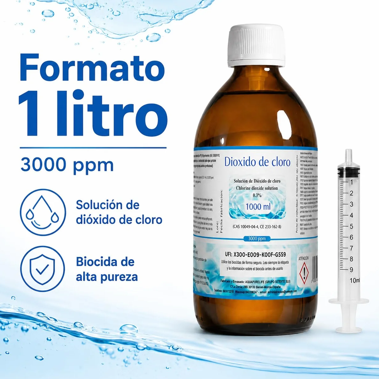 Dioxido de Cloro 3000ppm - CDS 0,3% - Envasado en Botella Cristal Ambar - Fabricado en España (1000ml)