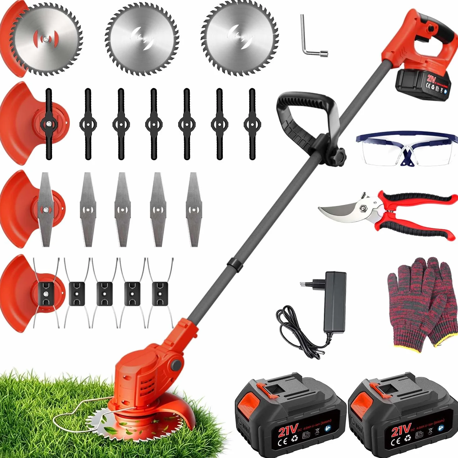 Desbrozadora a Bateria, Cortabordes Electrico 4 en 1, 850W 2 Baterías 4000 mAh, 4 Tipos de Cuchillas con Cabezal Giratorio de 90° para Recortar Fácilmente Rápido Césped y Arbustos