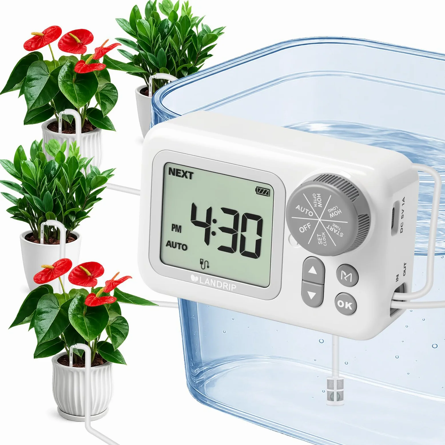 Landrip Sistema de Riego Automático, Riego Automatico Macetas para 15 Plantas en Maceta, Kit de Riego por Goteo Automático Recargable para Plantas de Interior, Balcón, Riego de Vacaciones