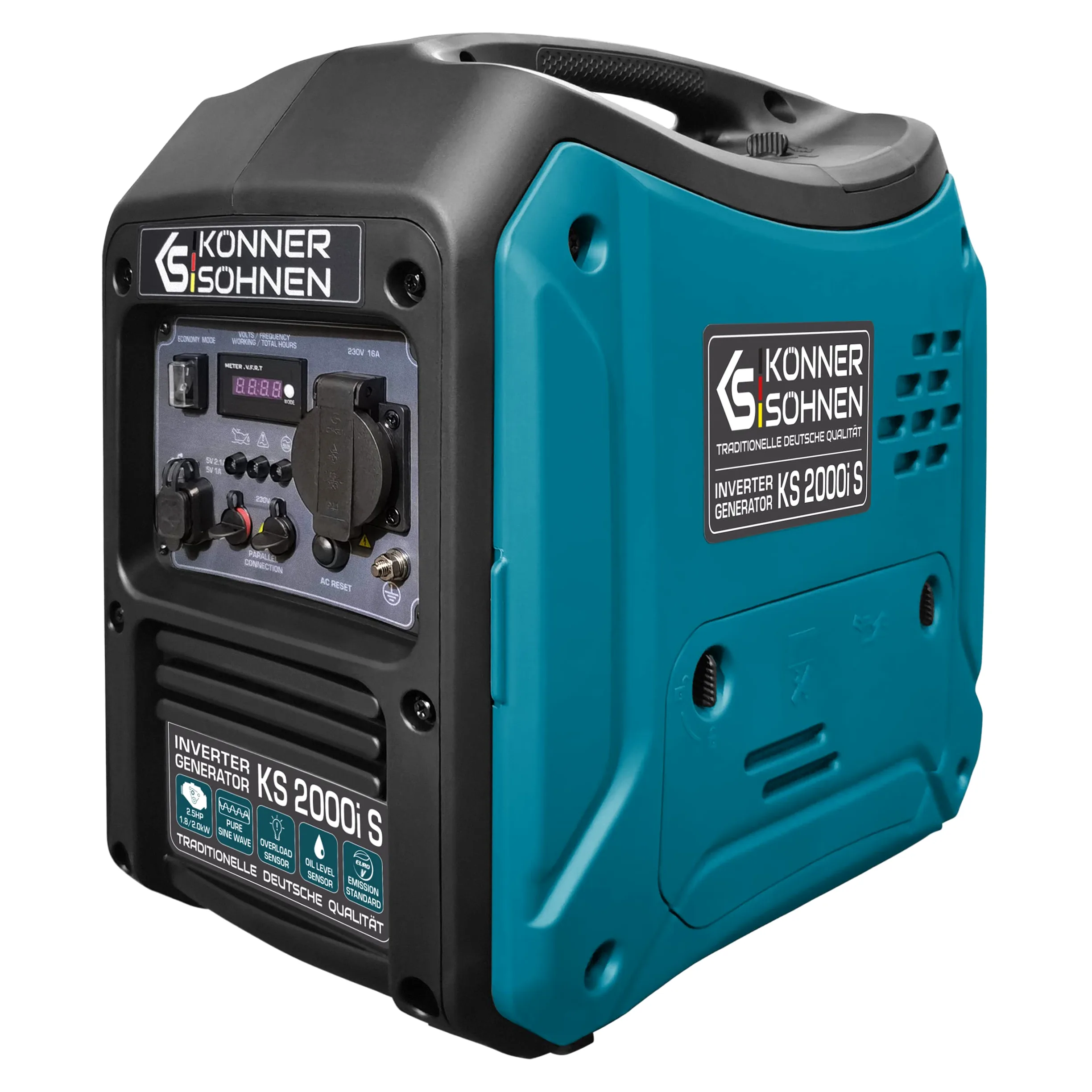 Könner&Söhn KS 2000i S - Generador de inversor 2000 W,(64 dB Lpa 7 m), 1 x 16 A (230 V), 2 puertos USB, bobinado de cobre, protección contra cortocircuitos y sobrecargas, alternador síncrono