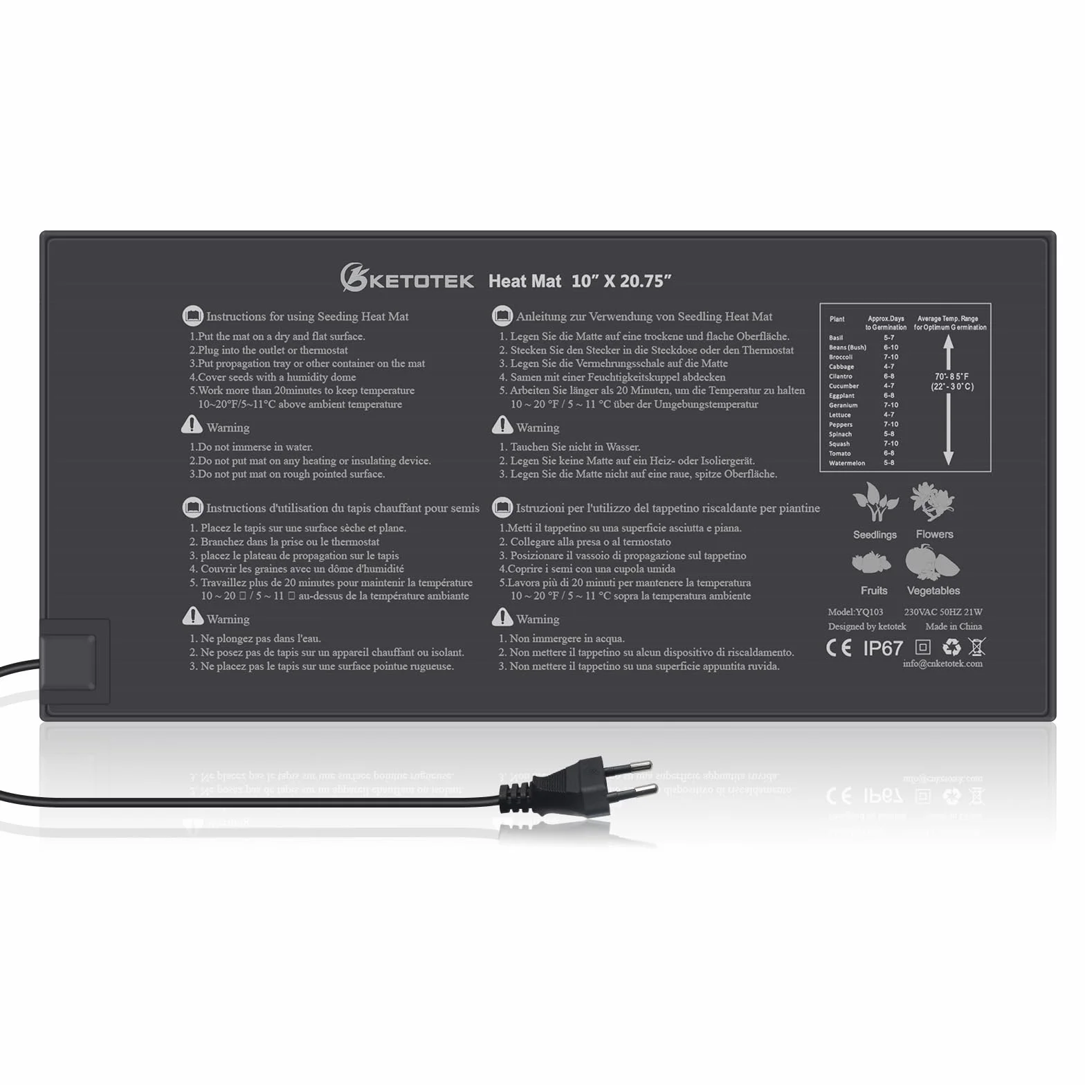 KETOTEK Manta Termica Semillas Plantas 220V Alfombra Termica Manta Calefactora para Semilleros Germinación Invernadero Impermeable 230V 21W