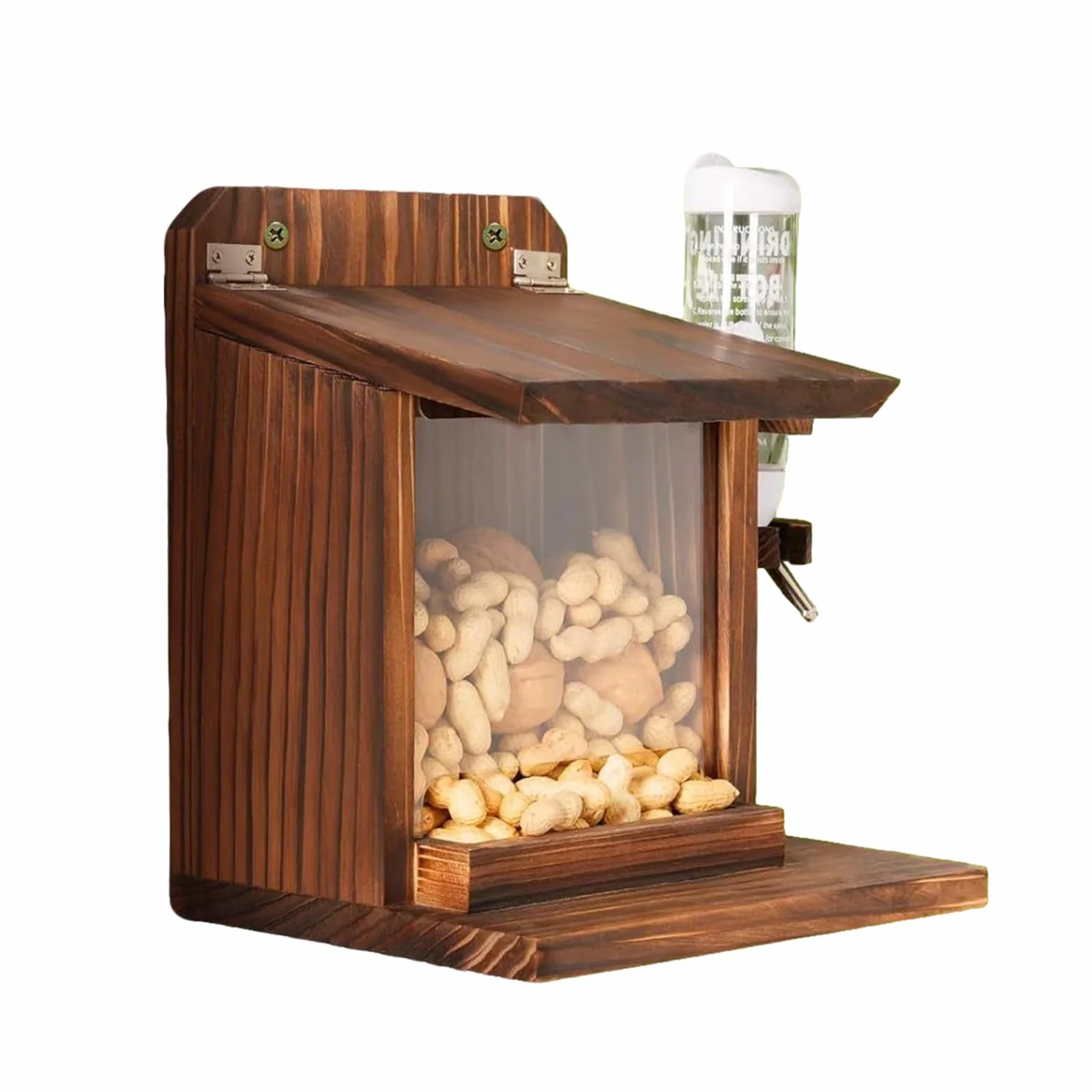 Casas de ardilla para exteriores, estación de alimentación de ardillas con botella de agua, de madera montada en la pared para alimentos, frutos secos, de maíz, patio, árbol, jardín