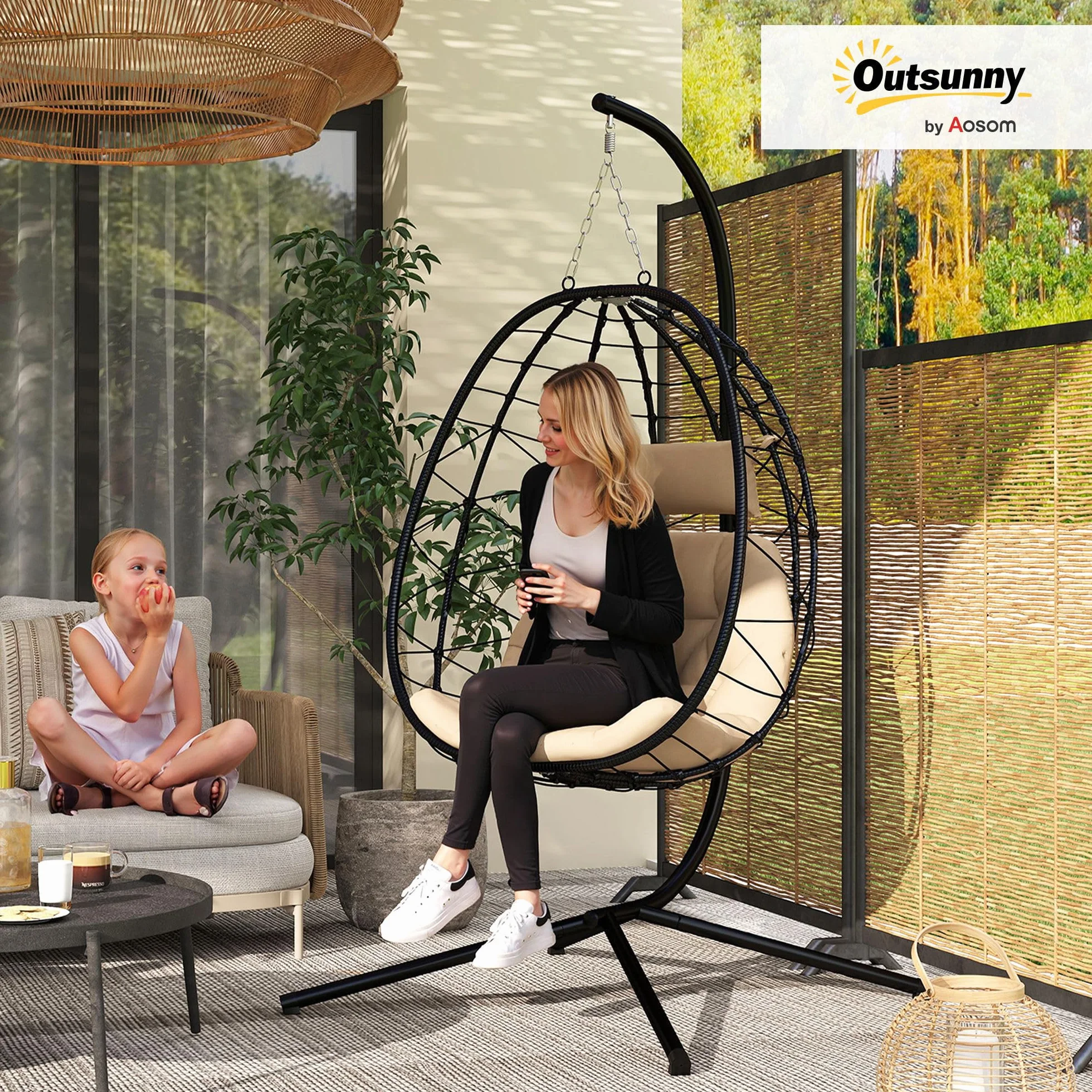 Outsunny Silla Colgante Huevo con Soporte Columpio Jardín Exterior con Cesta Plegable Cojín y Reposacabezas Columpio Colgante para Interior y Exterior Carga 120 kg Caqui