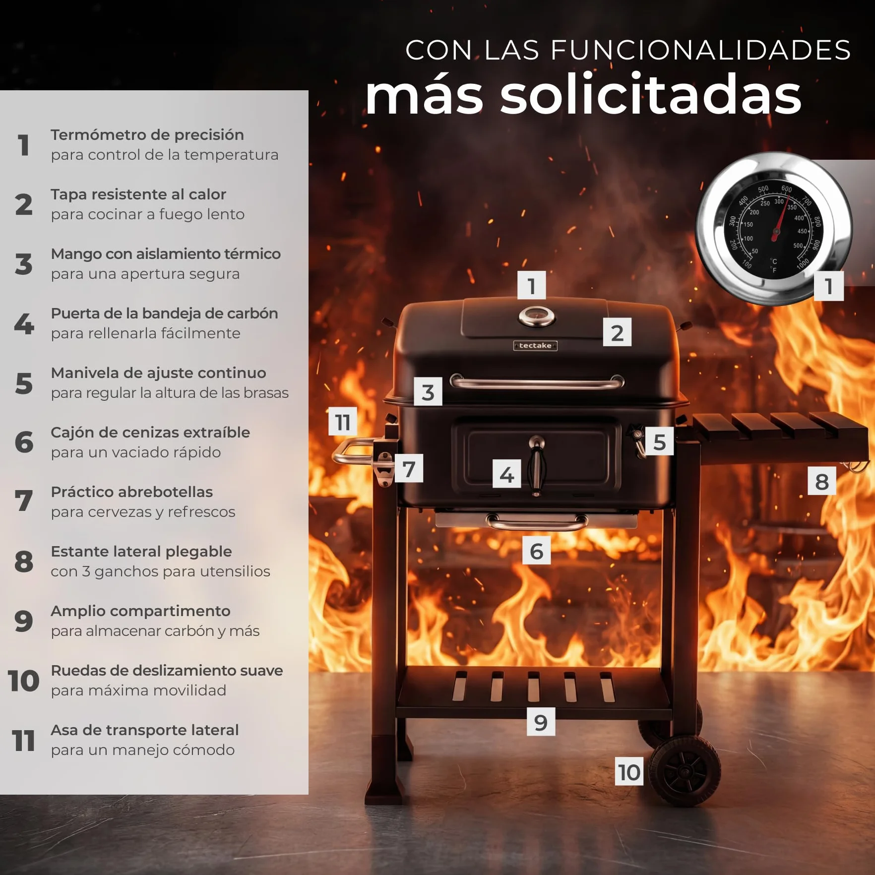 tectake® Barbacoa de Carbon con Tapa, Parrilla Barbacoa Carbon, BBQ Grill, Bandeja Regulable, Termómetro y Ruedas, con Ahumador de Alimentos, Asador de Carne - 64 x 110 x 104 cm