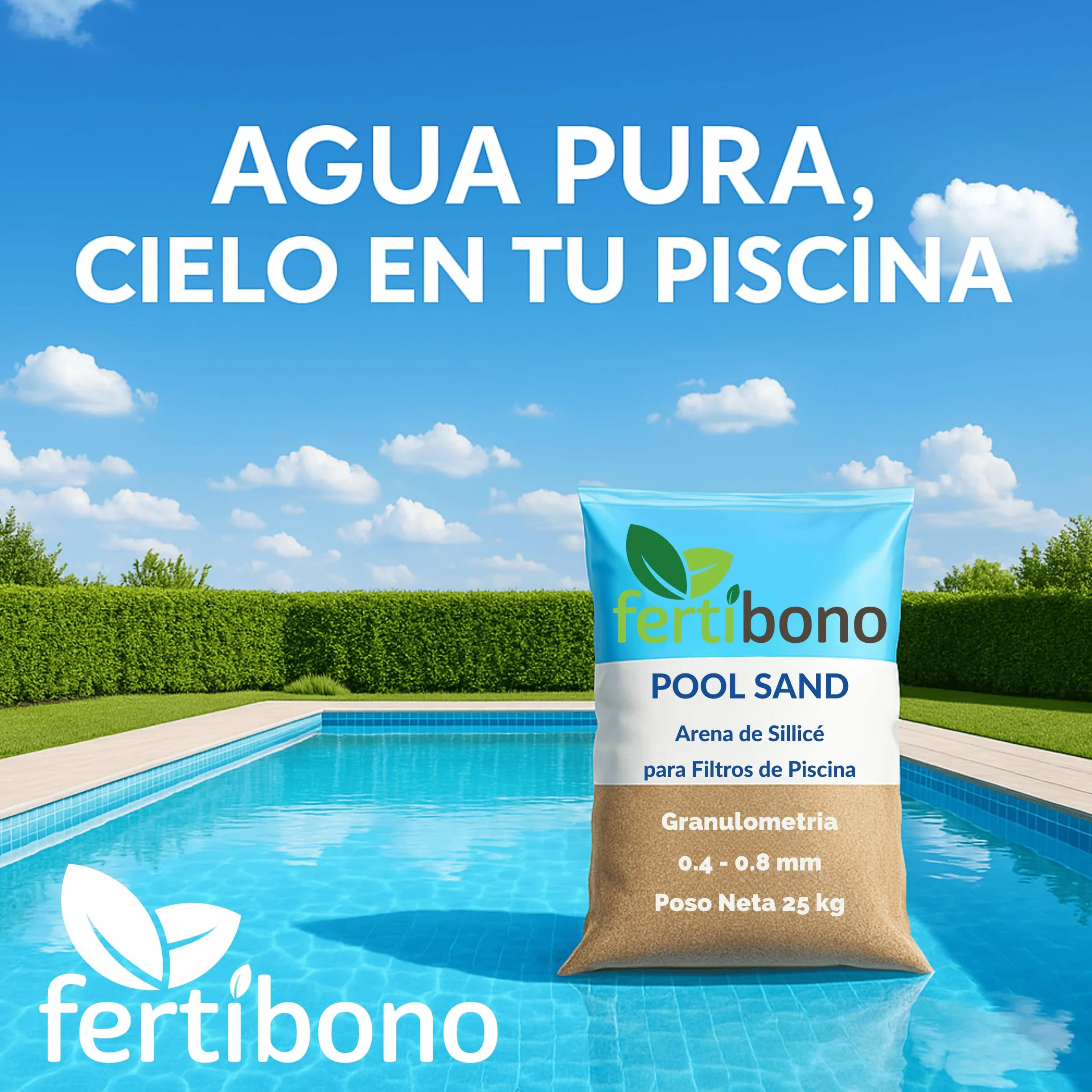 FERTIBONO Pool Sand – Arena de Sílice para Filtros de Piscina 0,4–0,8 mm – Alta Pureza 99% – Agua Cristalina Todo el Verano – Saco de 25 kg