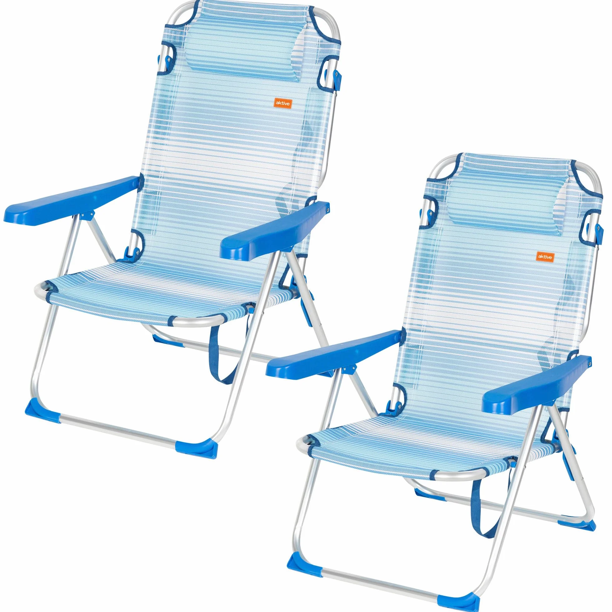 AKTIVE Pack 2 sillas de Playa Plegables y reclinables, Azul Rayas, 48 x 60 x 90 cm, 5 Posiciones, cojín Acolchado, asa de Hombro, reposabrazos ergonómicos, topes antivuelco, soporta 110 kg (85515)