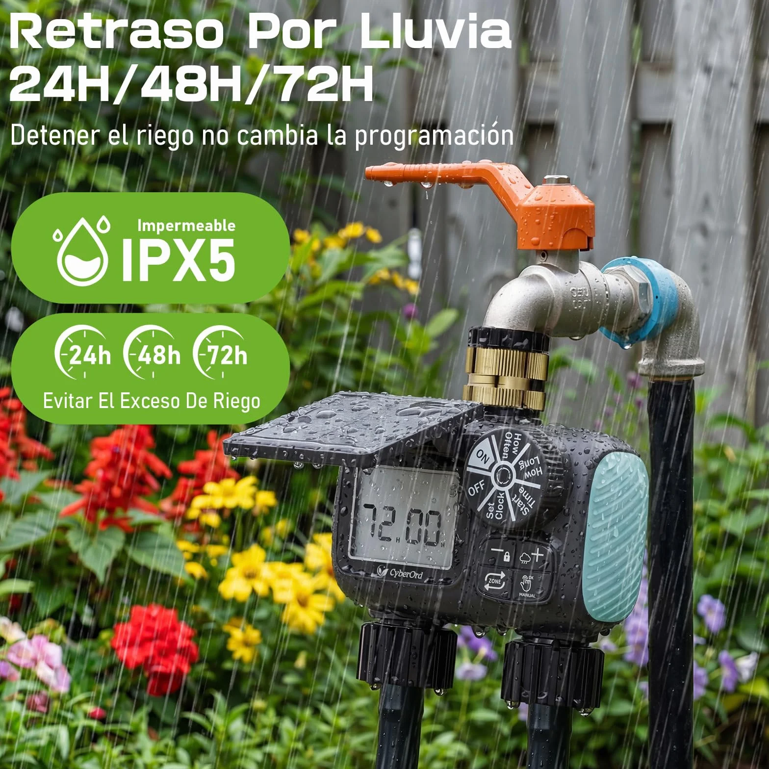 Programador de Riego Solar CyberOrd de 2 Zonas, Temporizador de Riego con Carga Solar, Sistema de Riego Automático con Modos Automático/Manual/Retraso por Lluvia para Césped/Ppatio/Jardín