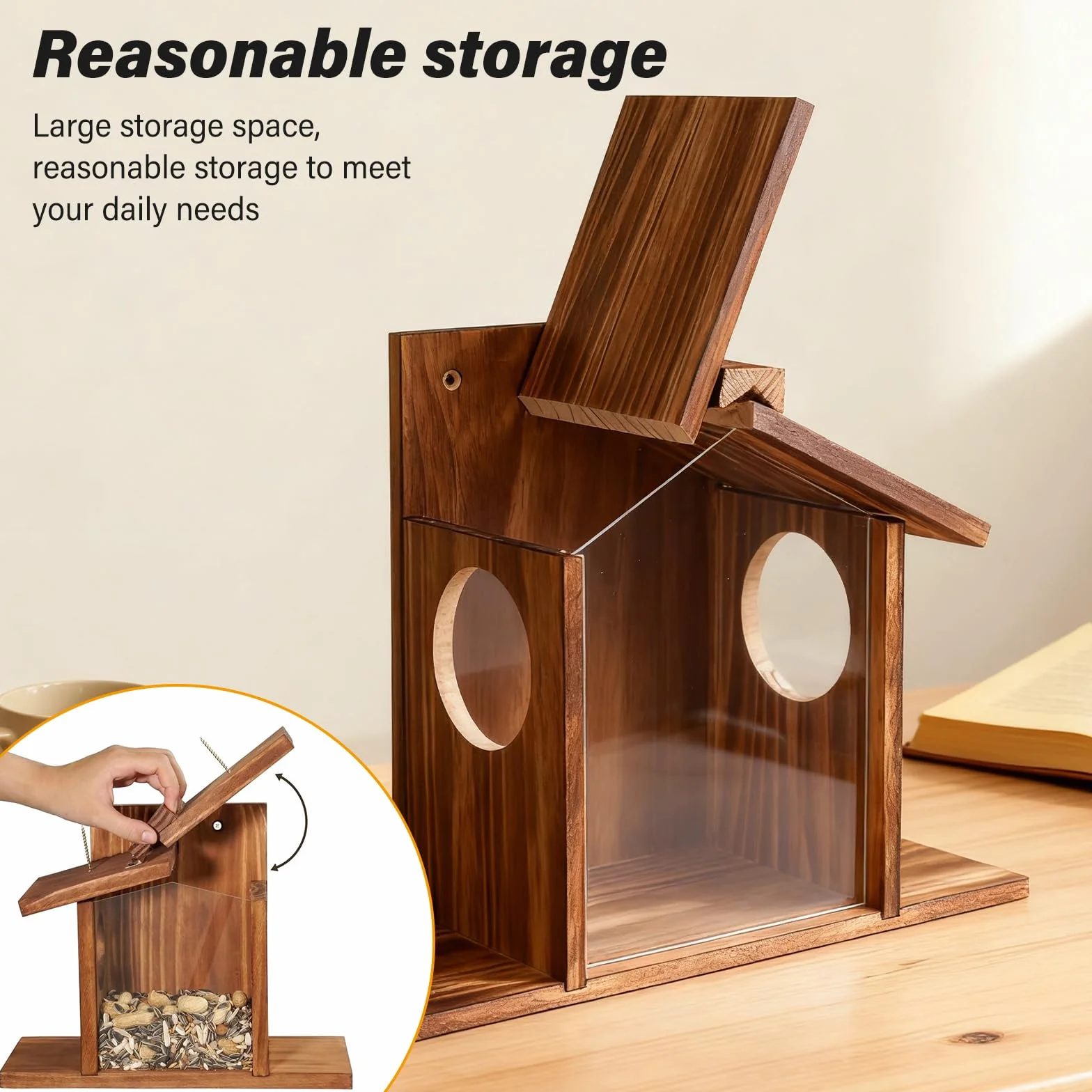 Comedero de madera para ardillas, resistente a la intemperie, con 2 entradas y plataformas de asiento, casa para ardillas