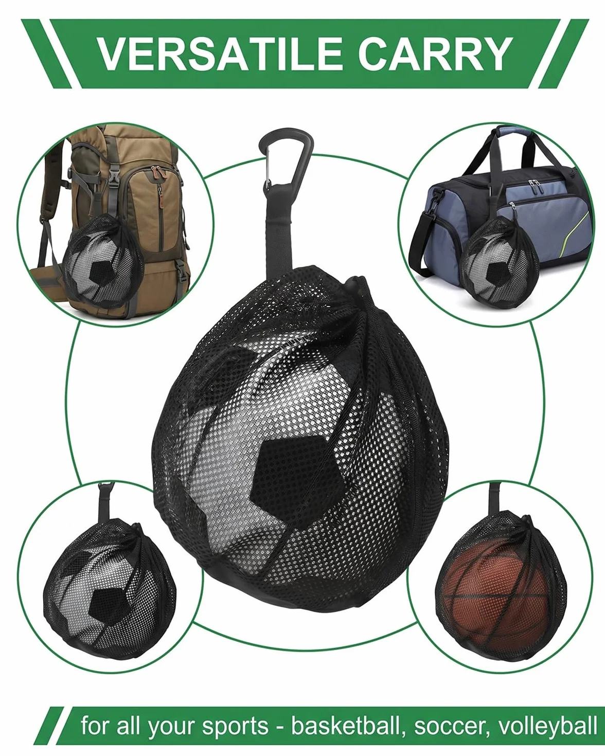 Bolsa Red para Balón de Fútbol con Mosquetón y Cordón Ajustable, Resistente para Baloncesto y Voleibol