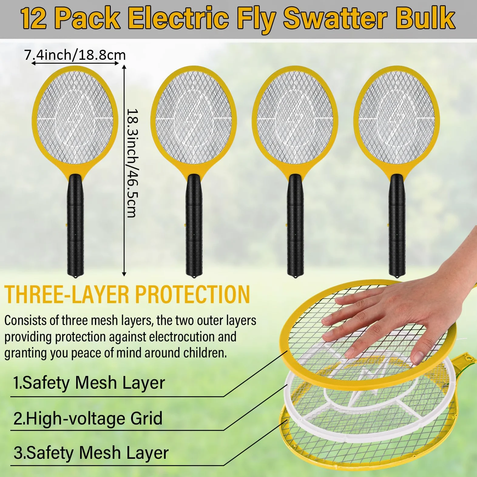 Paquete de 12 matamoscas eléctrico a granel, raquetas matamoscas para interiores y exteriores, raqueta de mosquitos con malla protectora, funciona con pilas AA, no incluidas (amarillo)