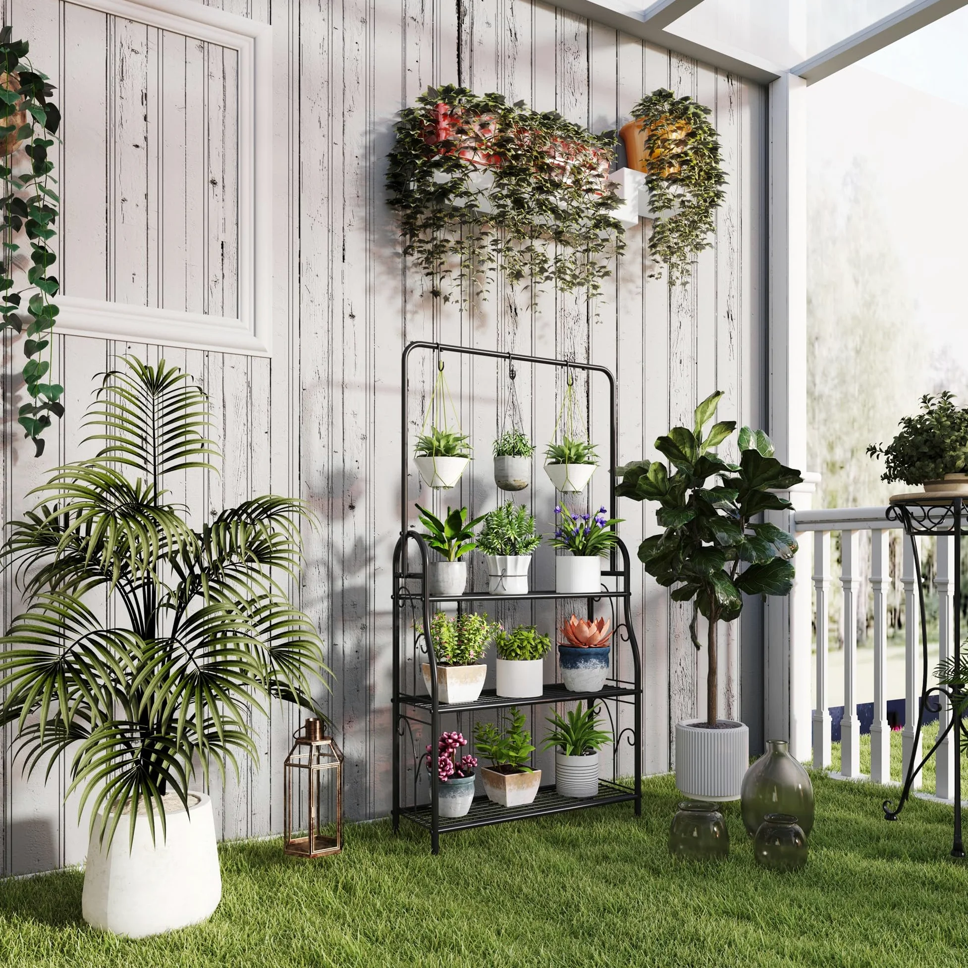 Outsunny Estantería para Plantas de 3 Niveles Soporte para Plantas con Ganchos de Metal Barra para Colgar Soporte para Macetas para Interior y Exterior Negro